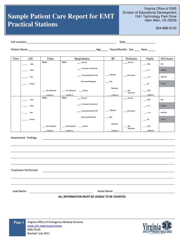 Fillable Online Vdh Virginia Sample Patient Care Report For Throughout Patient Care Report Template