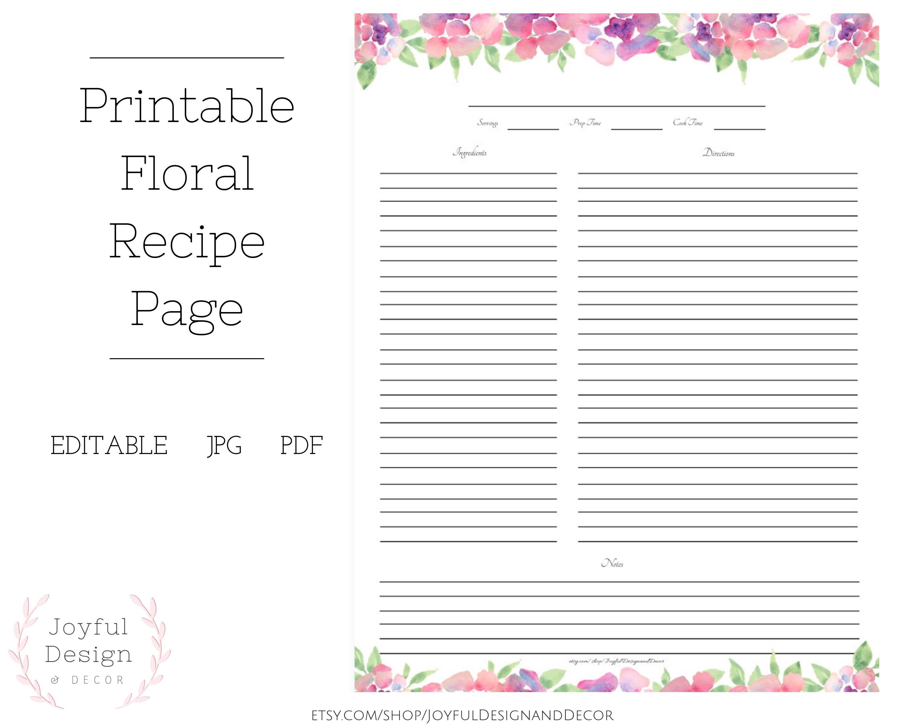 Fillable Recipe Page Floral Recipe Page Blank Recipe Template Recipe  Organization Recipe Storage Ideas Full Page Recipe Card Recipe Cards For Fillable Recipe Card Template