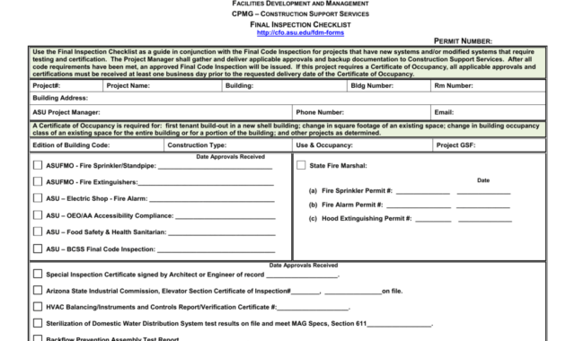 Final Inspection Checklist regarding Certificate Of Inspection Template