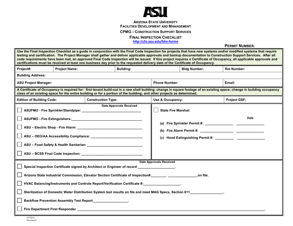 Final Inspection Checklist Regarding Certificate Of Inspection Template