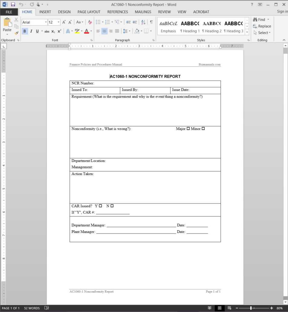 Financial Nonconformity Report Template | Ac1060 1 For Non Conformance Report Template