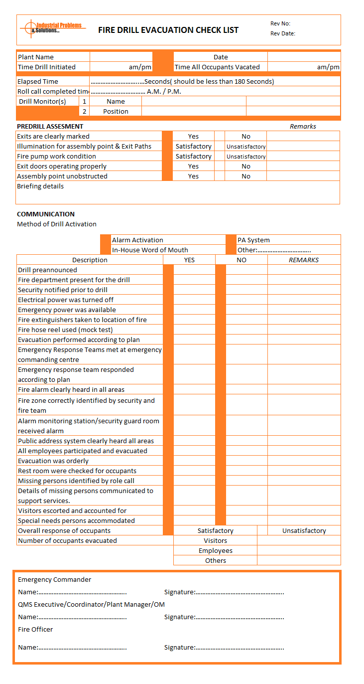 Fire Drill Evacuation Checklist | Format | Example Inside Fire Evacuation Drill Report Template
