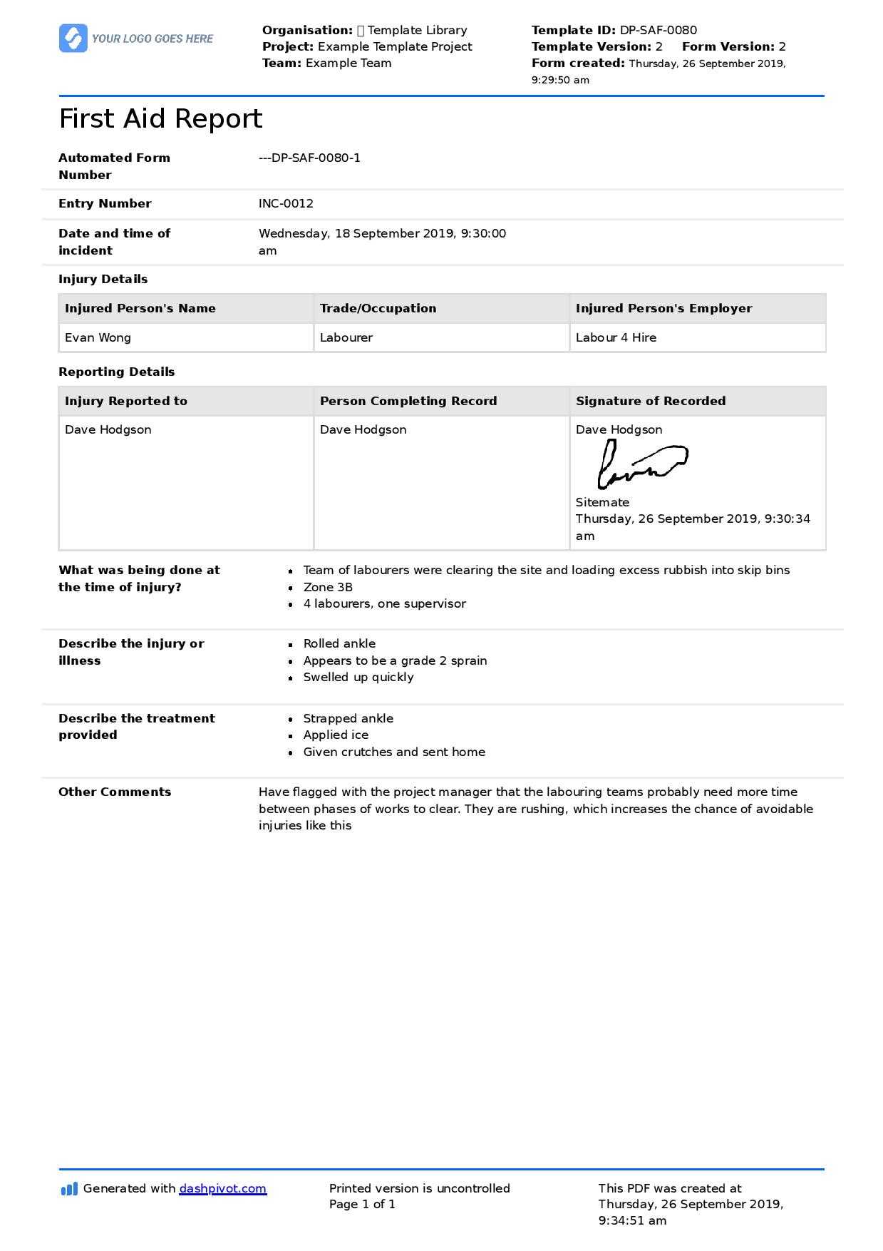 First Aid Report Form Template (Free To Use, Better Than Pdf) Intended For First Aid Incident Report Form Template