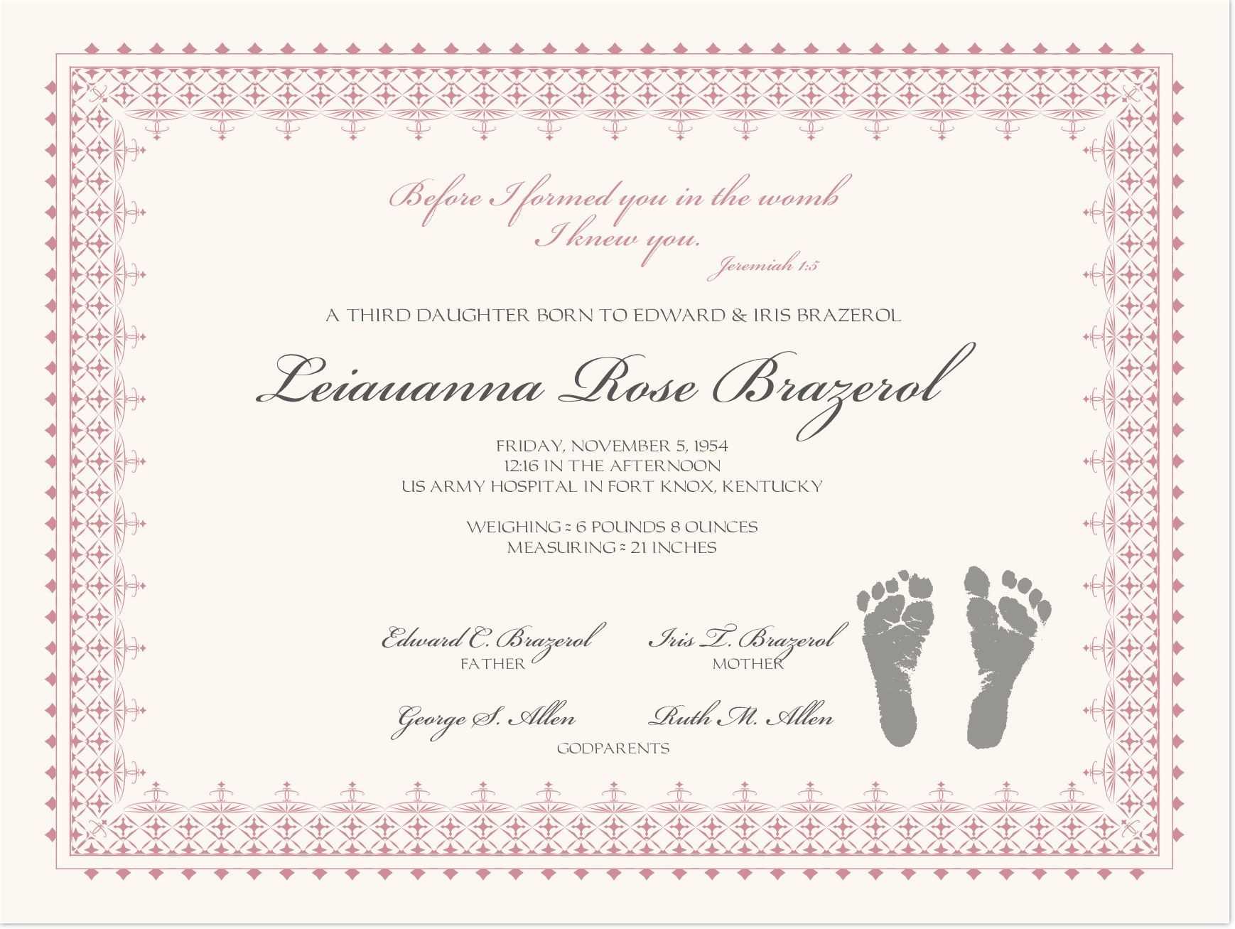 Footprints Baby Certificates | Birth Certificate Template In Baby Christening Certificate Template