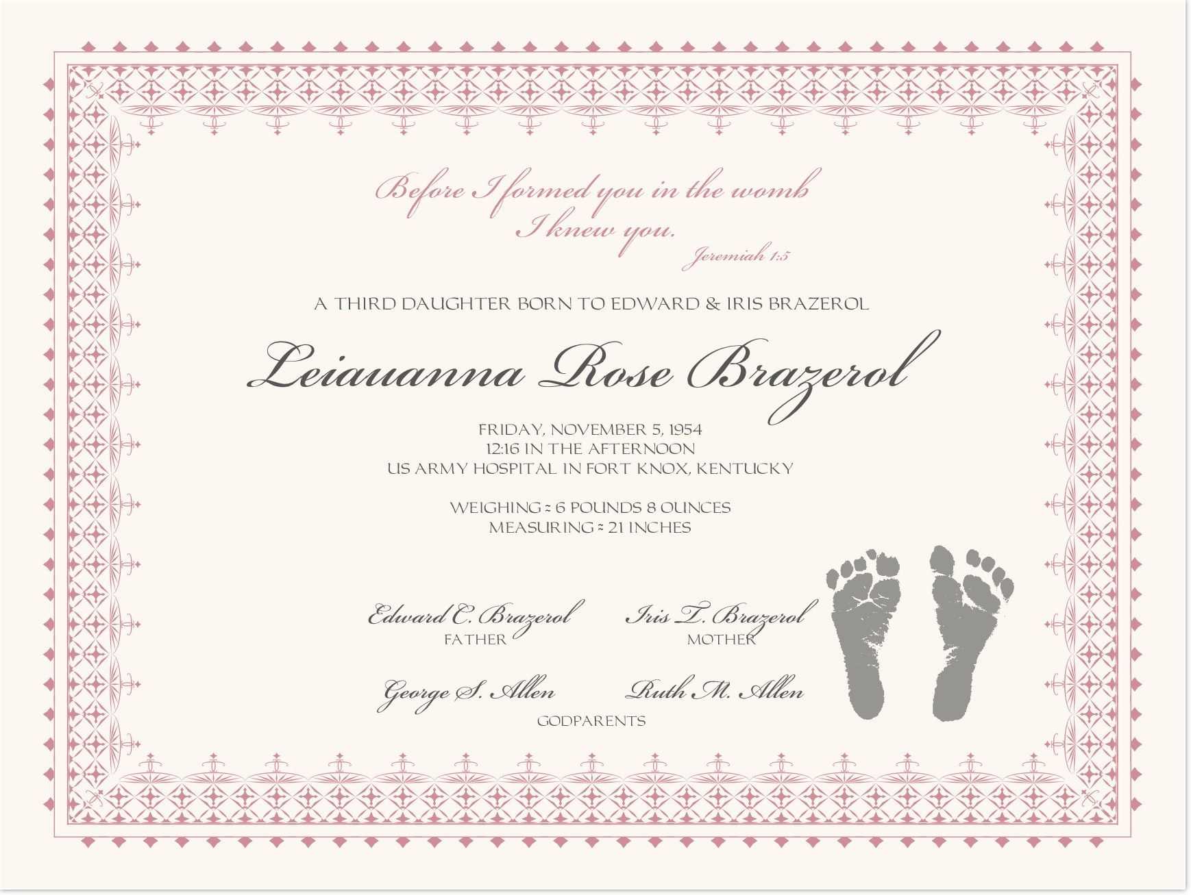 Footprints Baby Certificates | Birth Certificate Template Regarding Baby Doll Birth Certificate Template