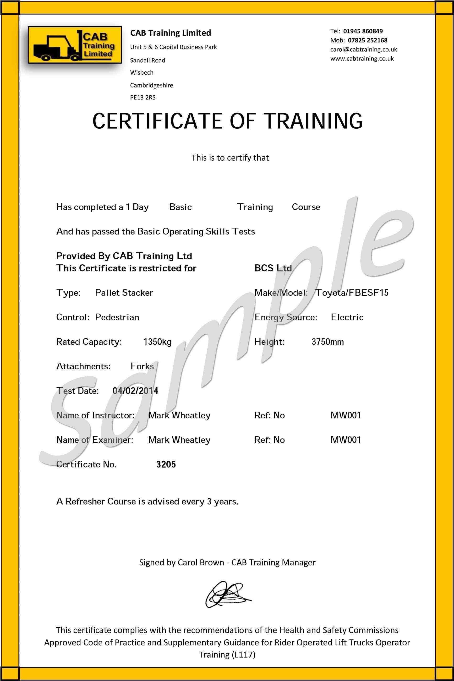 Forklift Training Certificate Template In Forklift Certification Template