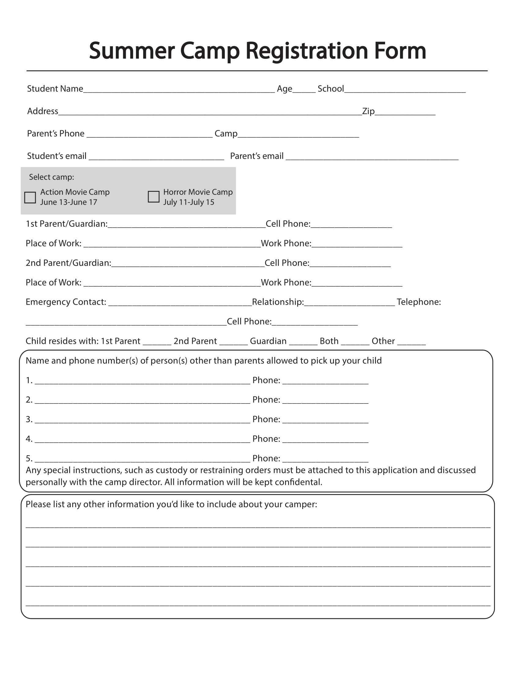 Free 10+ Printable Summer Camp Registration Forms | Pdf Regarding Camp Registration Form Template Word