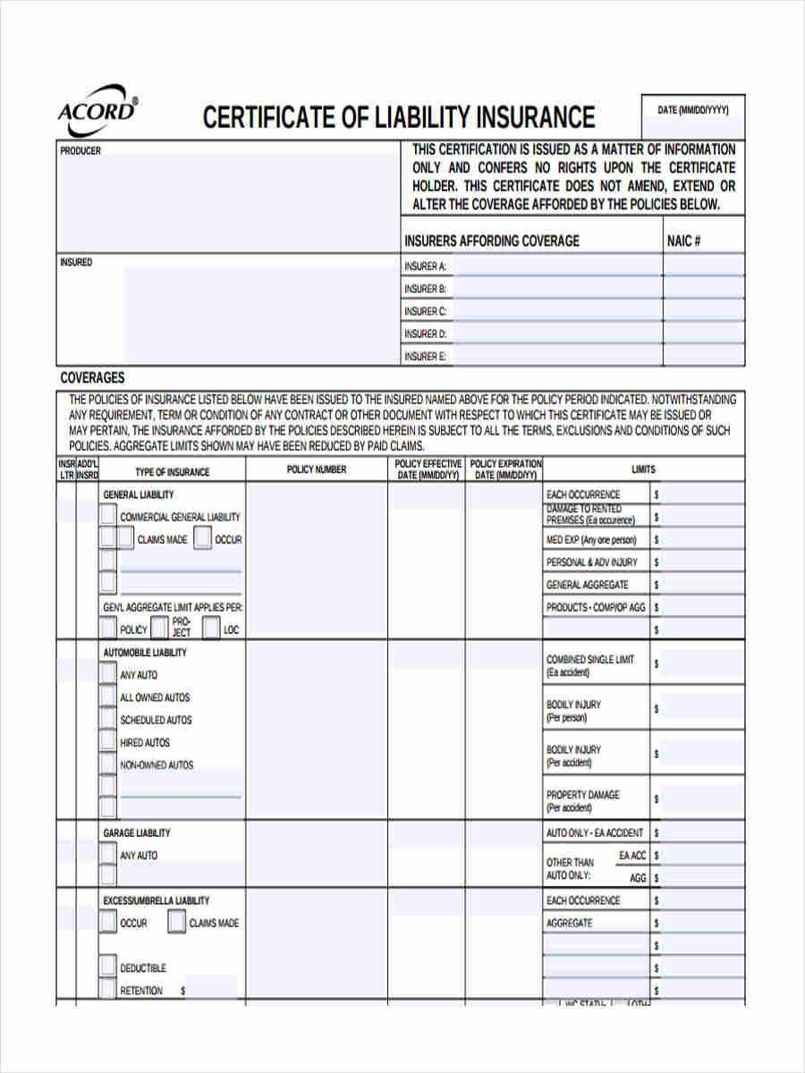 Free 9+ Liability Insurance Forms In Samples, Examples, Formats Pertaining To Certificate Of Liability Insurance Template