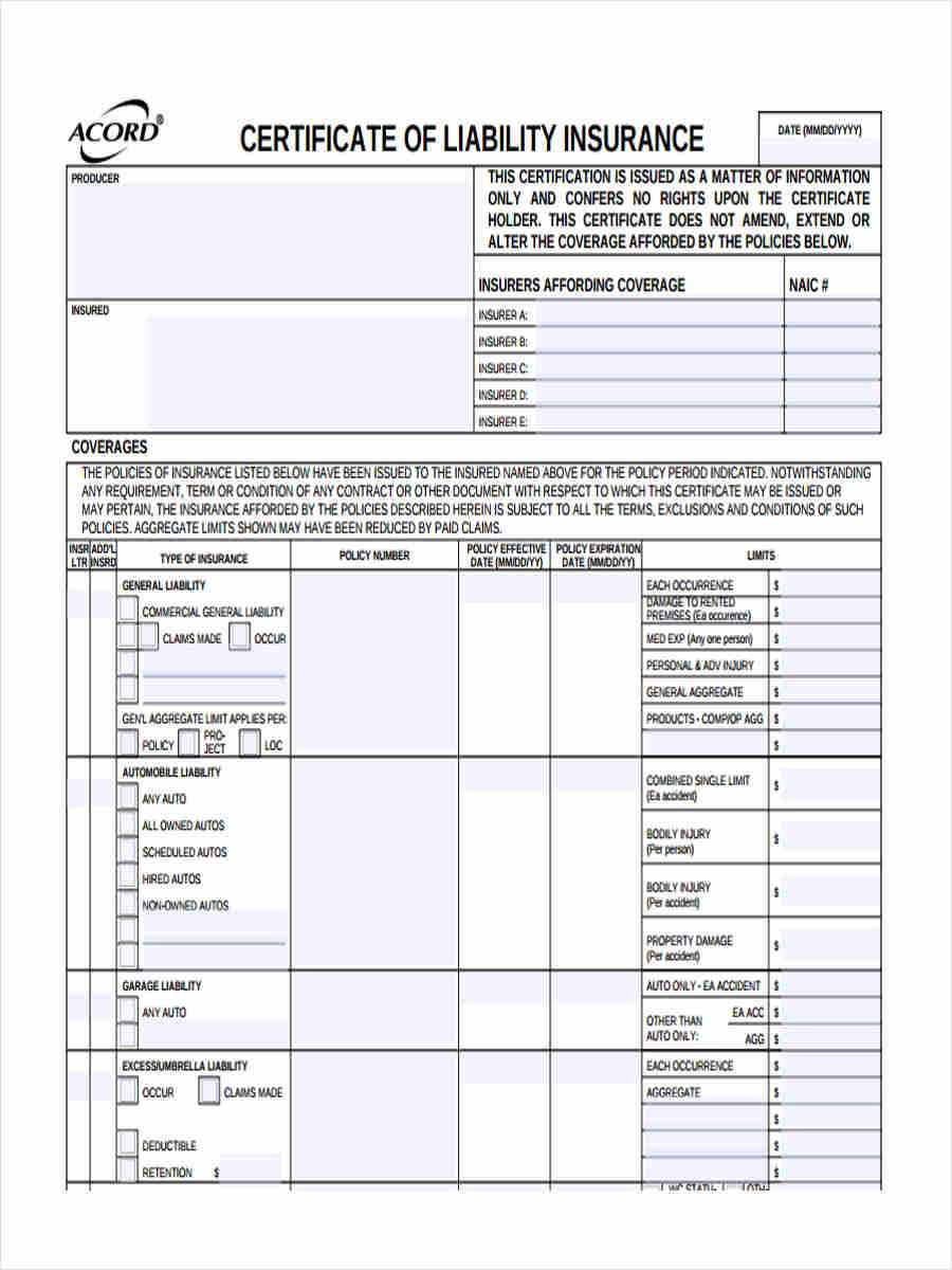 Free 9+ Liability Insurance Forms In Samples, Examples, Formats Pertaining To Certificate Of Liability Insurance Template