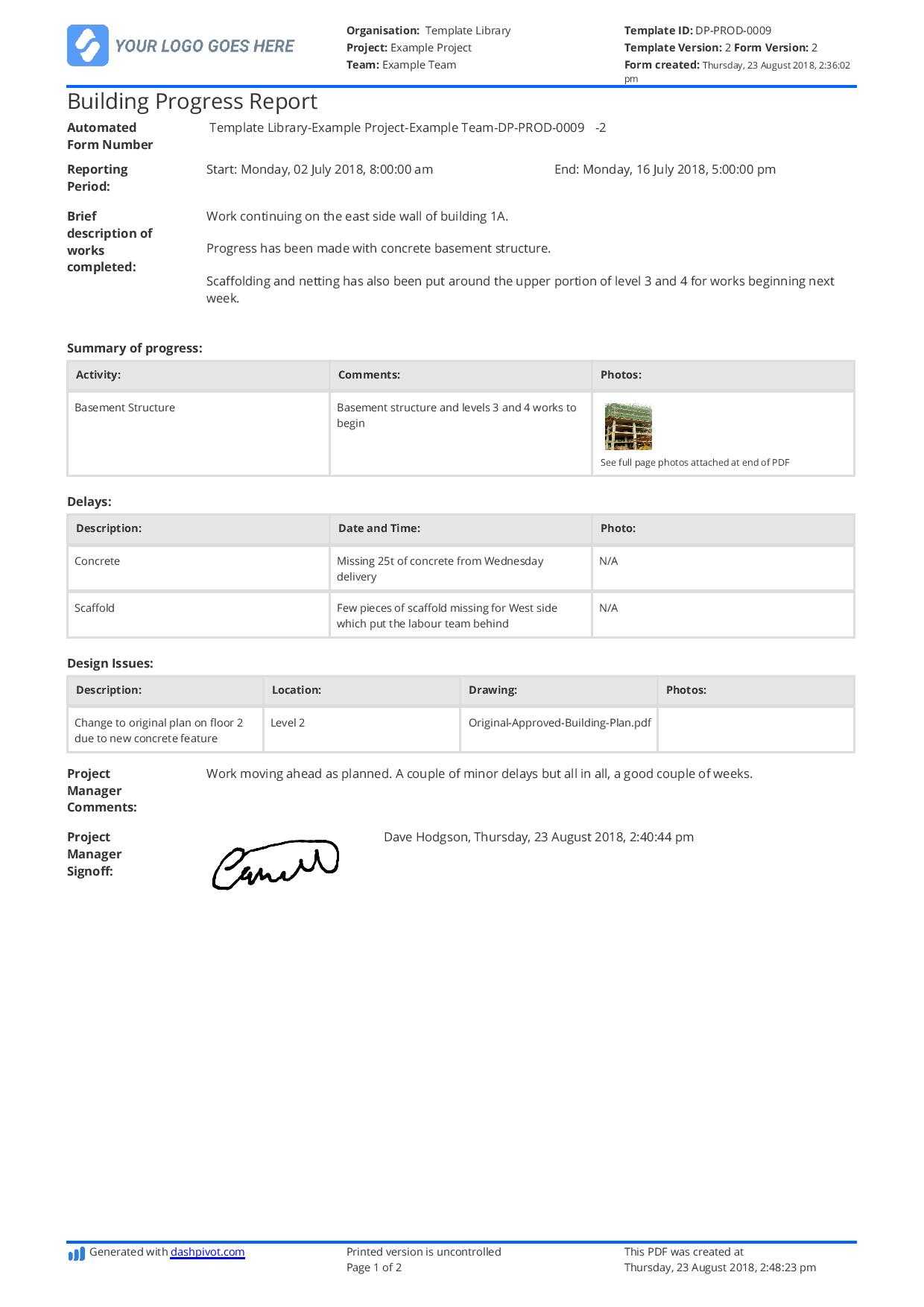 Free Building Construction Progress Report Sample (Customisable) With Regard To Progress Report Template Doc