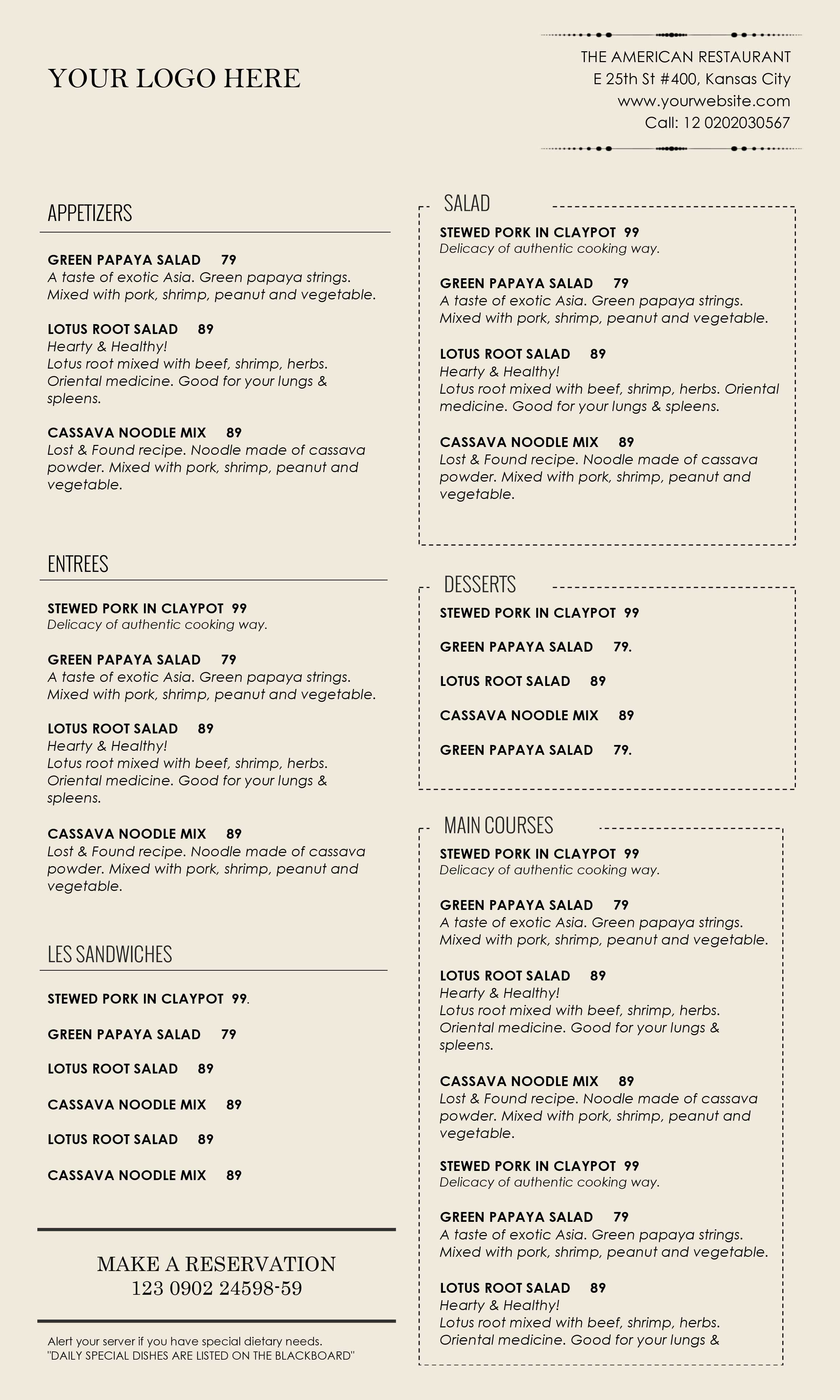 Free Cafe Menu Templates For Word - Atlantaauctionco In Free Cafe Menu Templates For Word