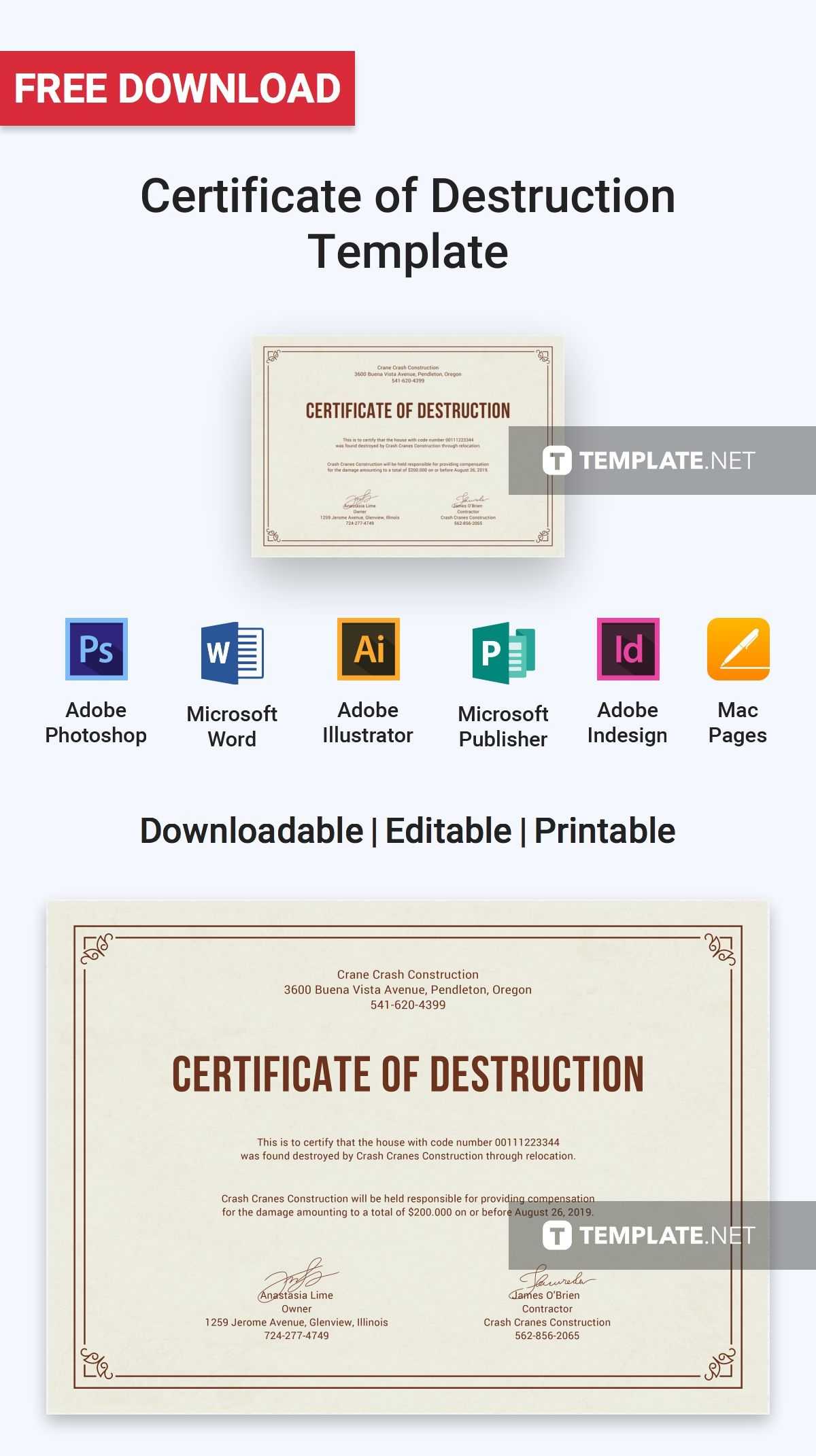 Free Certificate Of Destruction | Certificate Templates With Regard To Free Certificate Of Destruction Template
