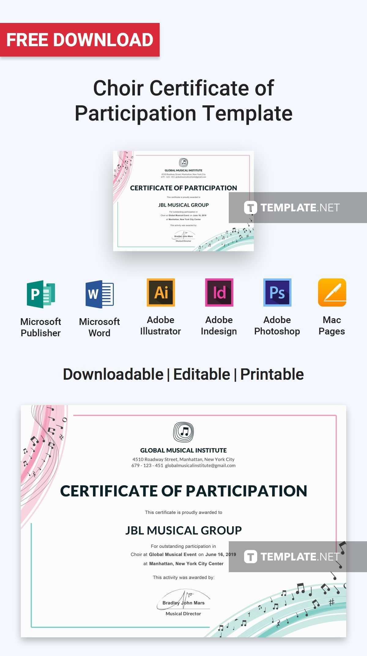 Free Choir Certificate Of Participation | Certificate Inside Choir Certificate Template