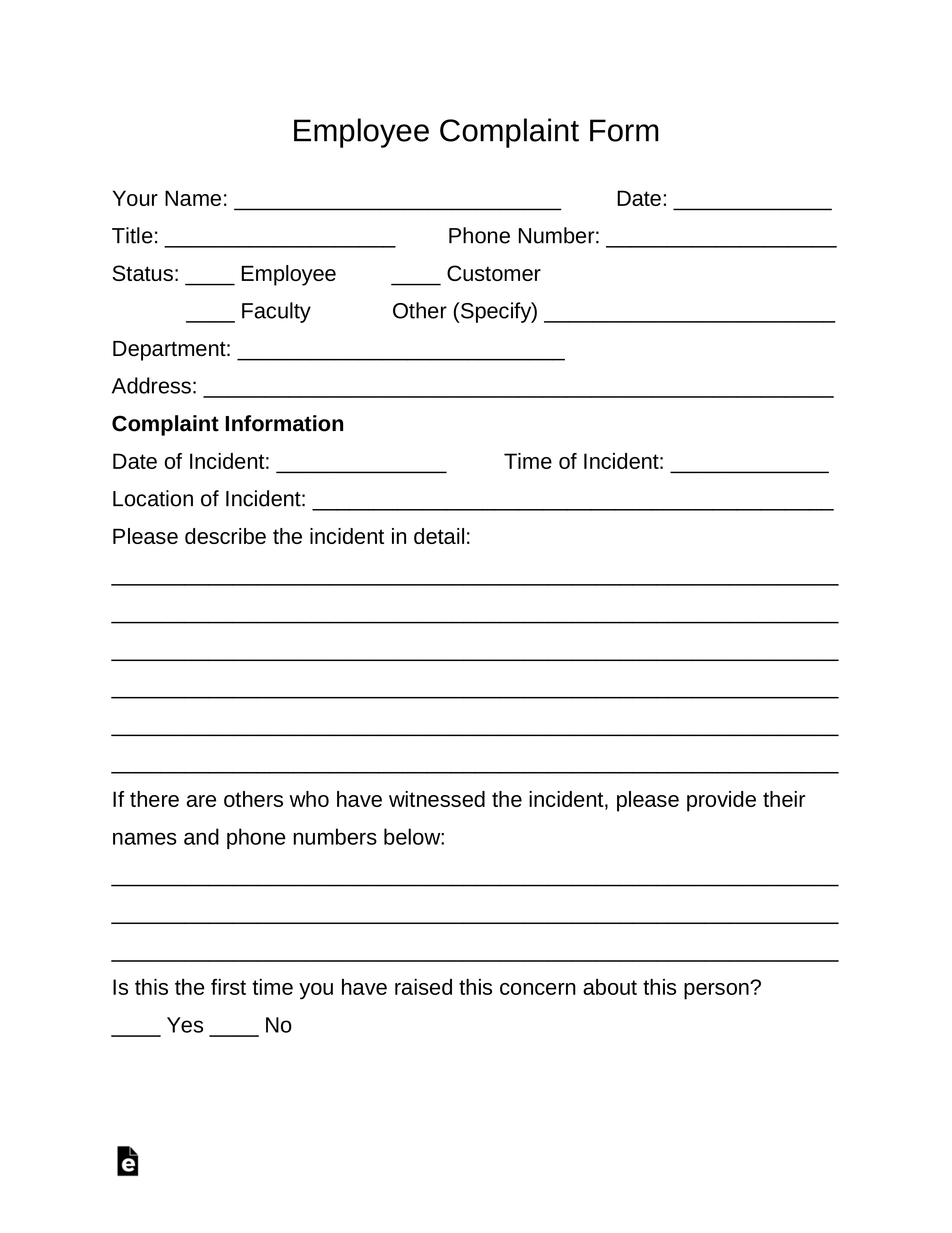 Free Employee Complaint Form – Pdf | Word | Eforms – Free With Regard To Word Employee Suggestion Form Template