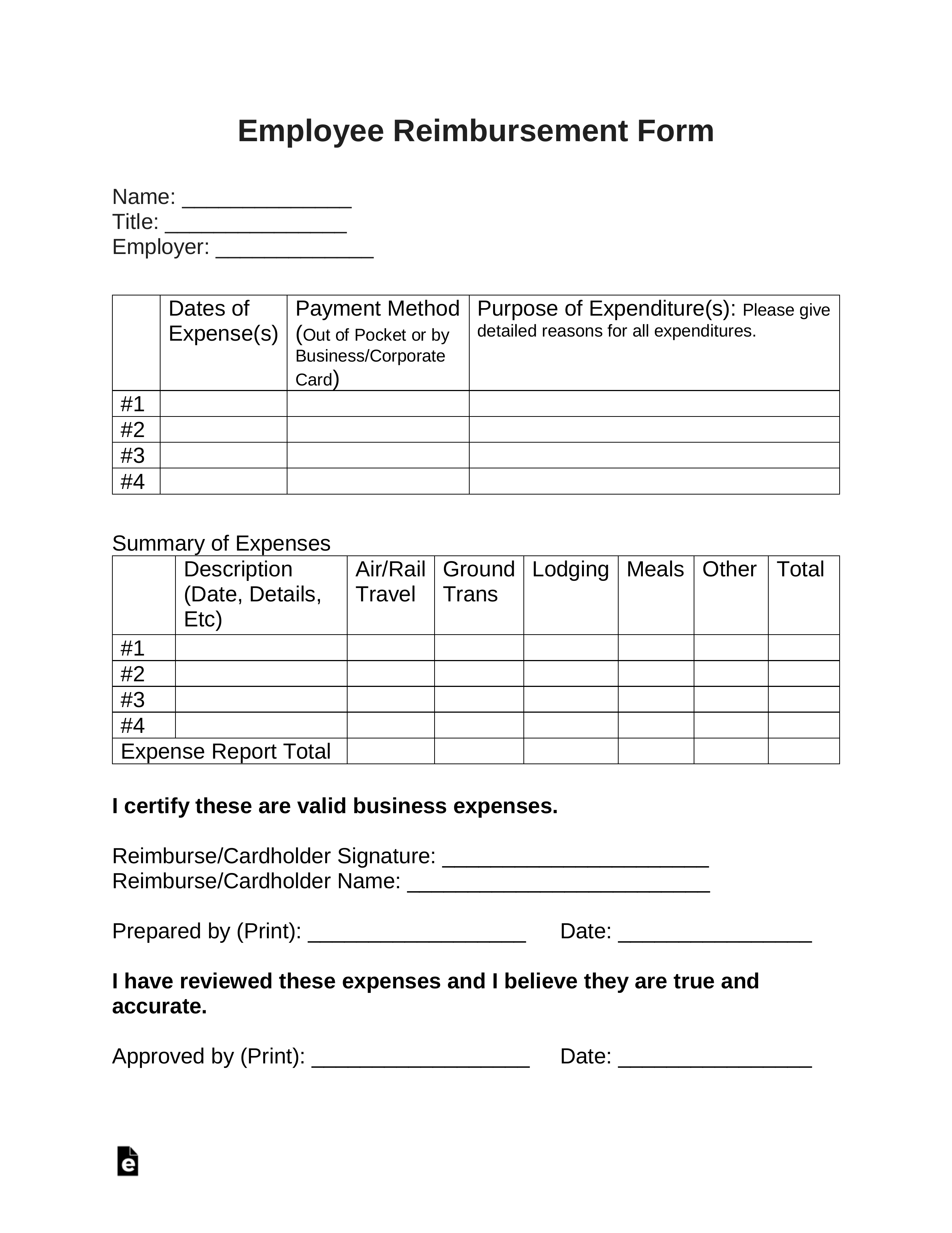 Free Employee Reimbursement Form – Pdf | Word | Eforms For Reimbursement Form Template Word