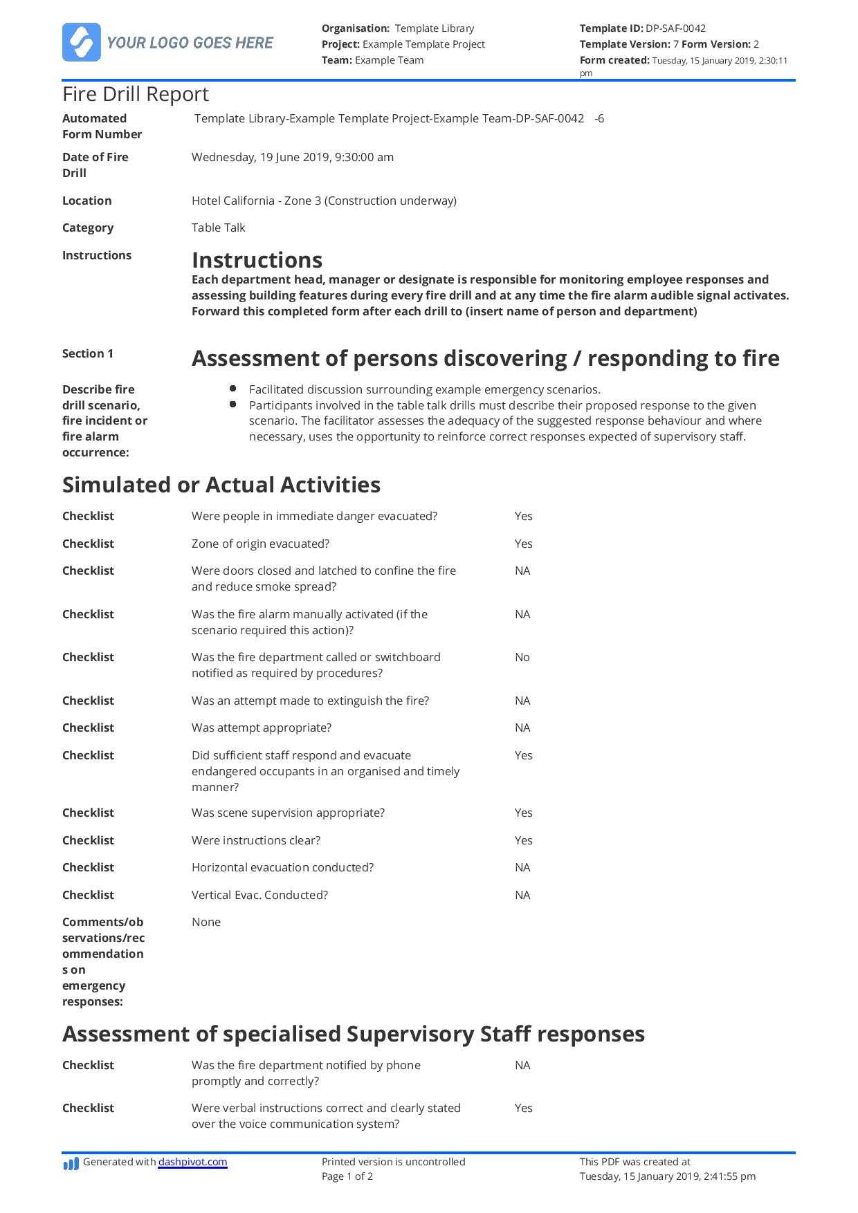 Free Fire Drill Report Template - Use, Customise, Download With Emergency Drill Report Template