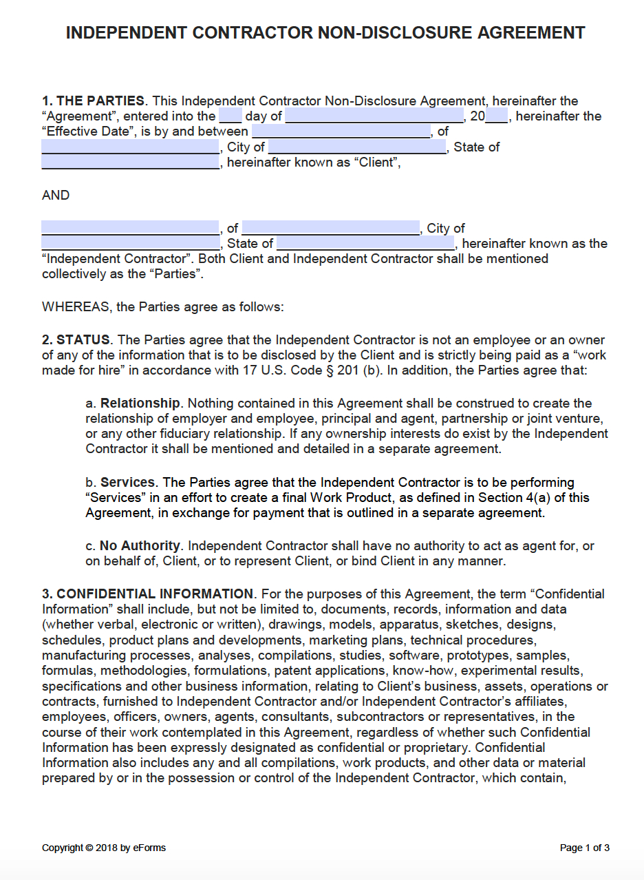 Free Independent Contractor Non Disclosure Agreement (Nda For Nda Template Word Document