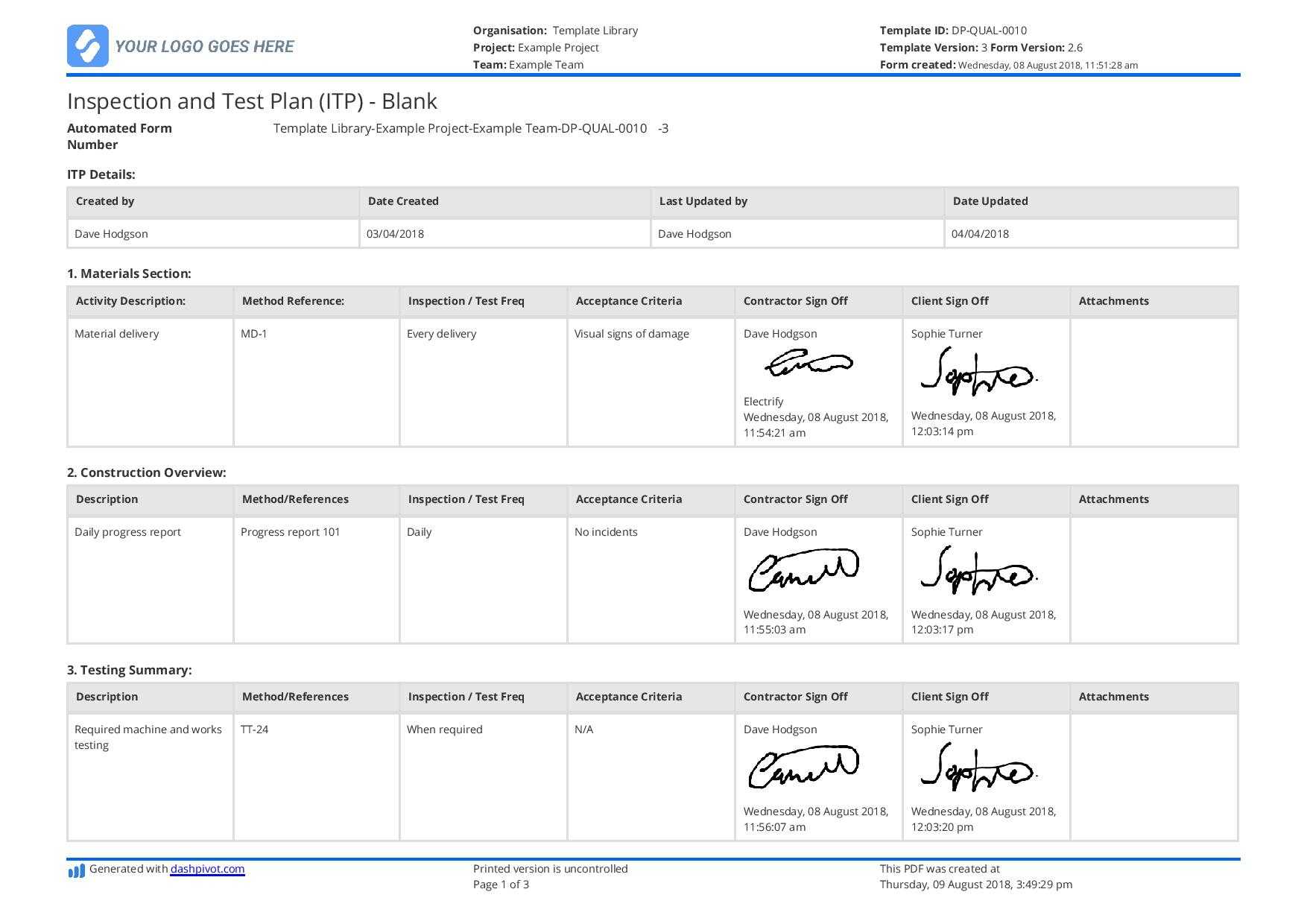 Free Inspection And Test Plan Template (Better Than Excel Inside Test Summary Report Excel Template