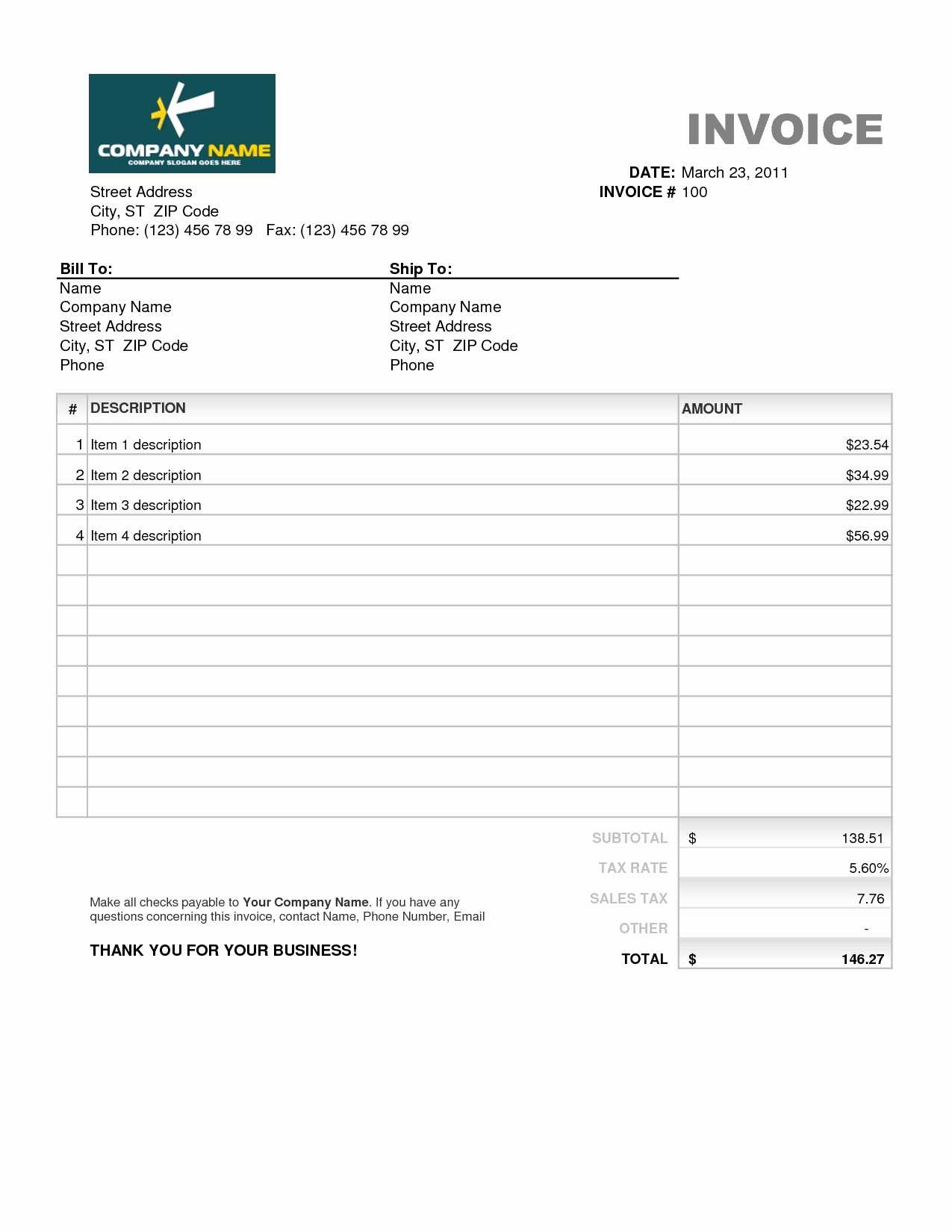 Free Invoice Spreadsheet Template Download Word Format South Intended For Invoice Template Word 2010
