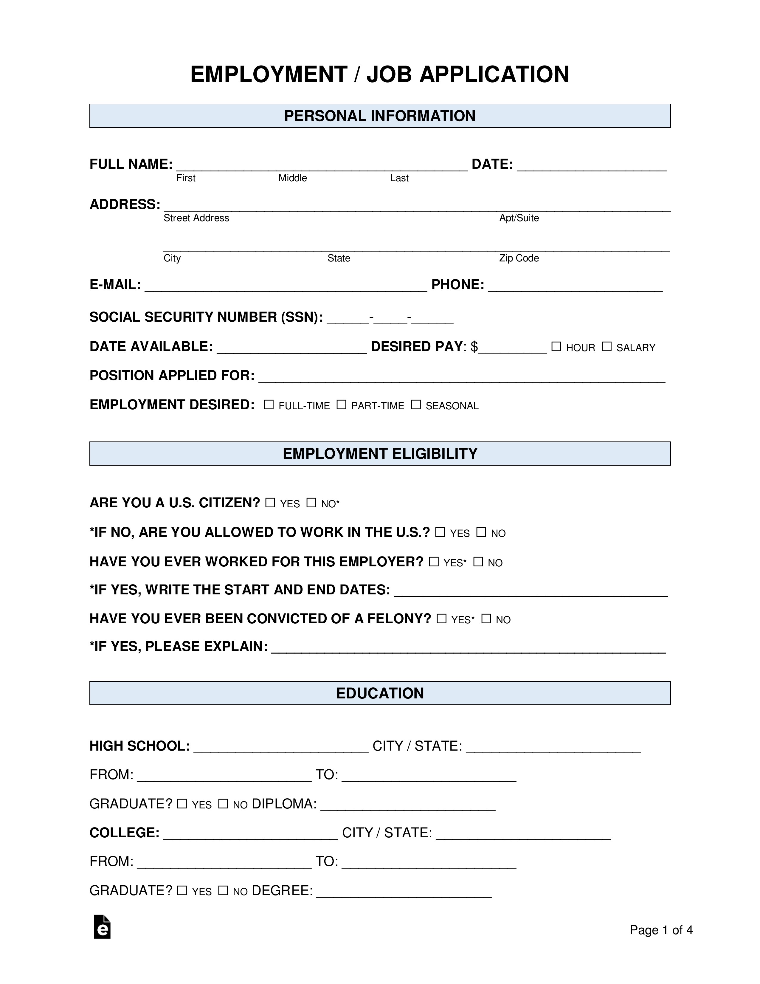 Free Job Application Form - Standard Template - Pdf | Word In Job Application Template Word