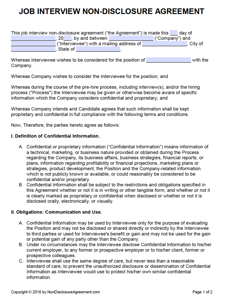 Free Job Interview Non Disclosure Agreement (Nda) Pdf For Nda