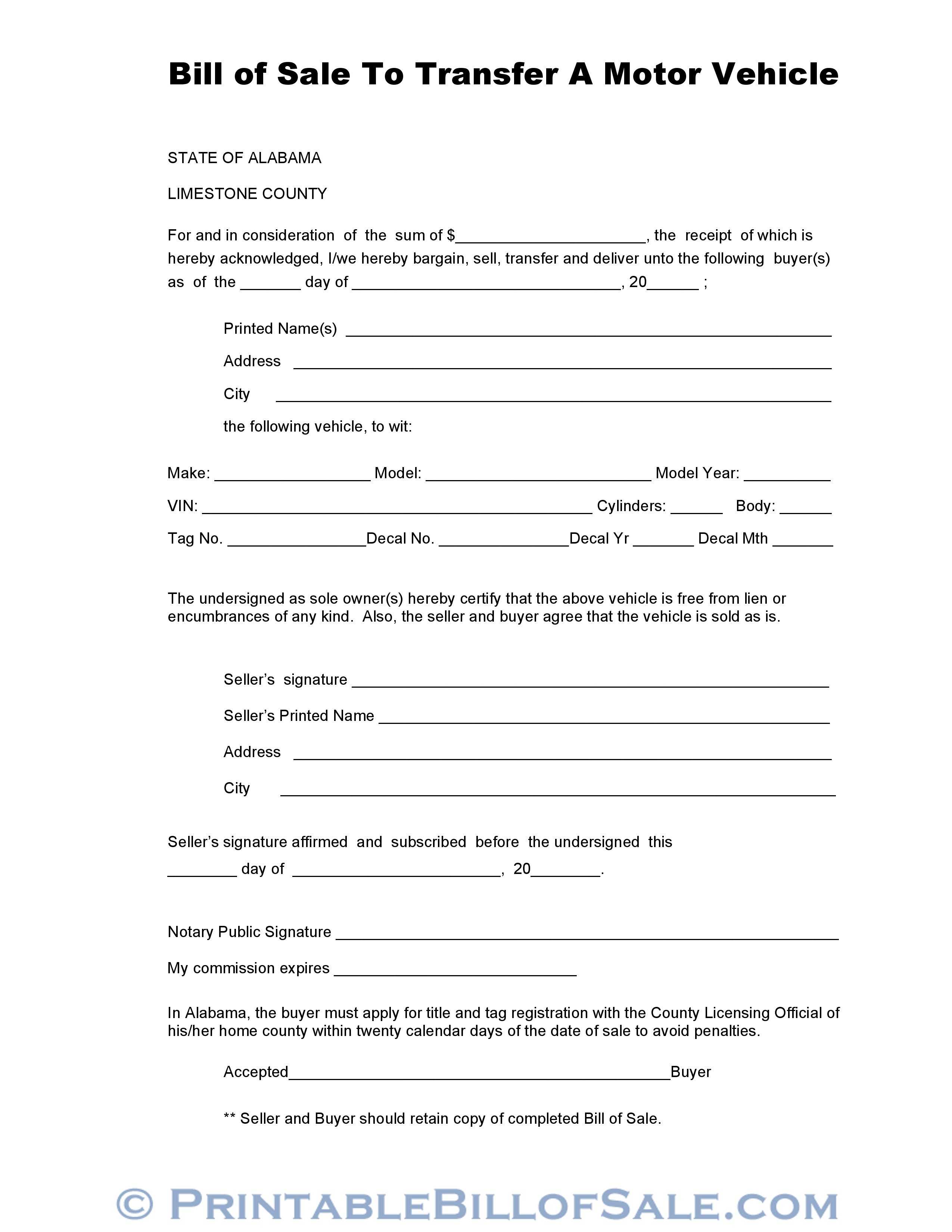 Free Limestone County Alabama Vehicle Bill Of Sale Form For Vehicle Bill Of Sale Template Word