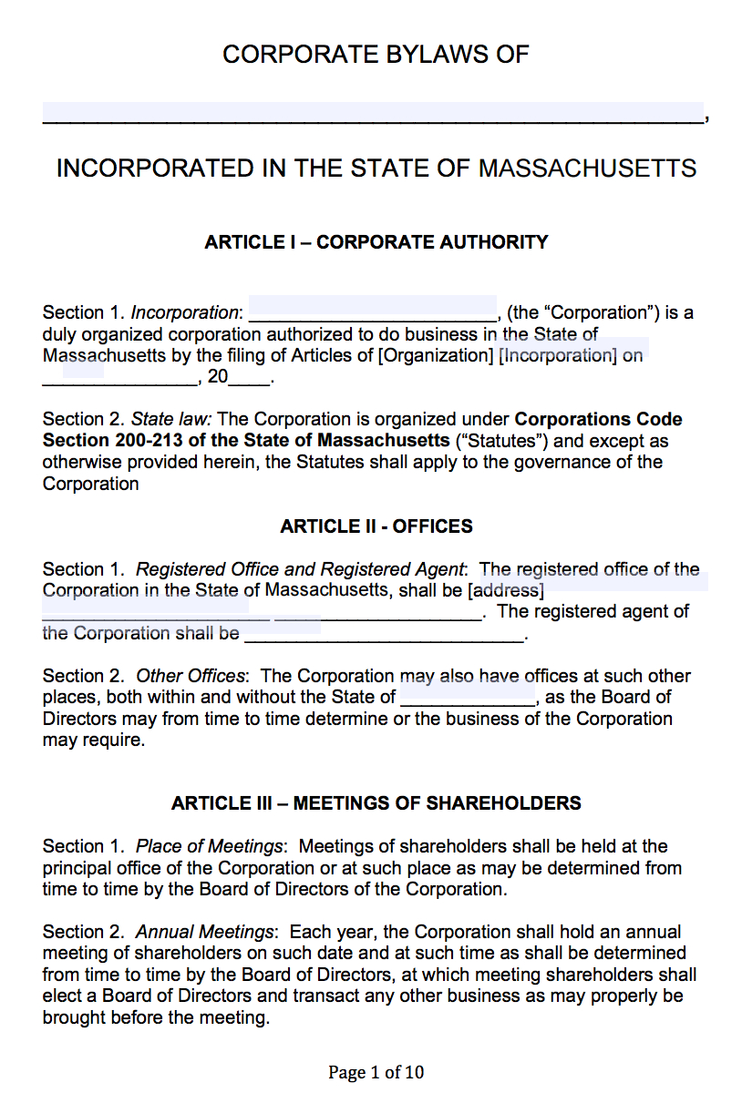 Free Massachusetts Corporate Bylaws Template | Pdf | Word | Throughout Corporate Bylaws Template Word