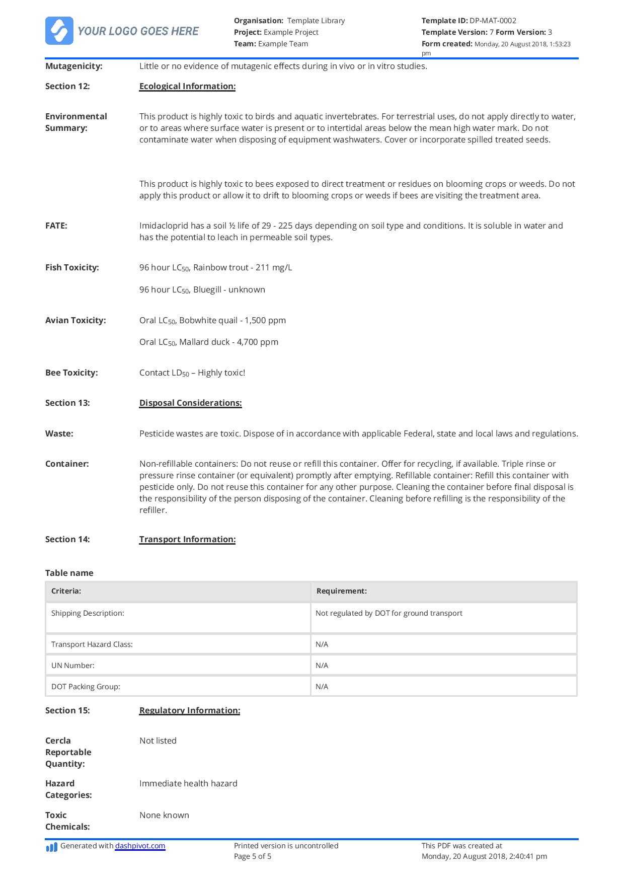 Free Material Safety Data Sheet Template (Better Than Word Inside Datasheet Template Word