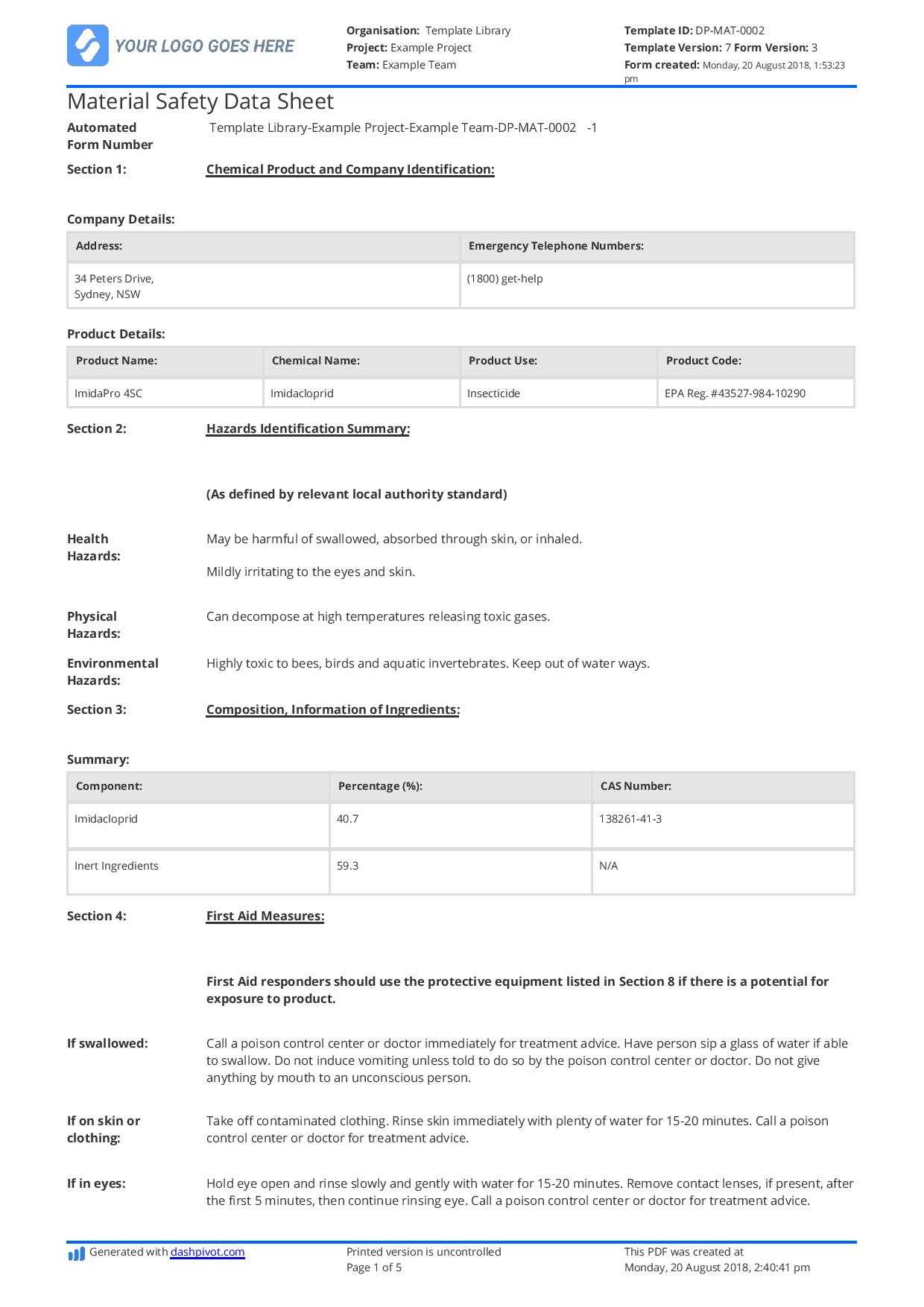 Free Material Safety Data Sheet Template (Better Than Word Throughout Datasheet Template Word