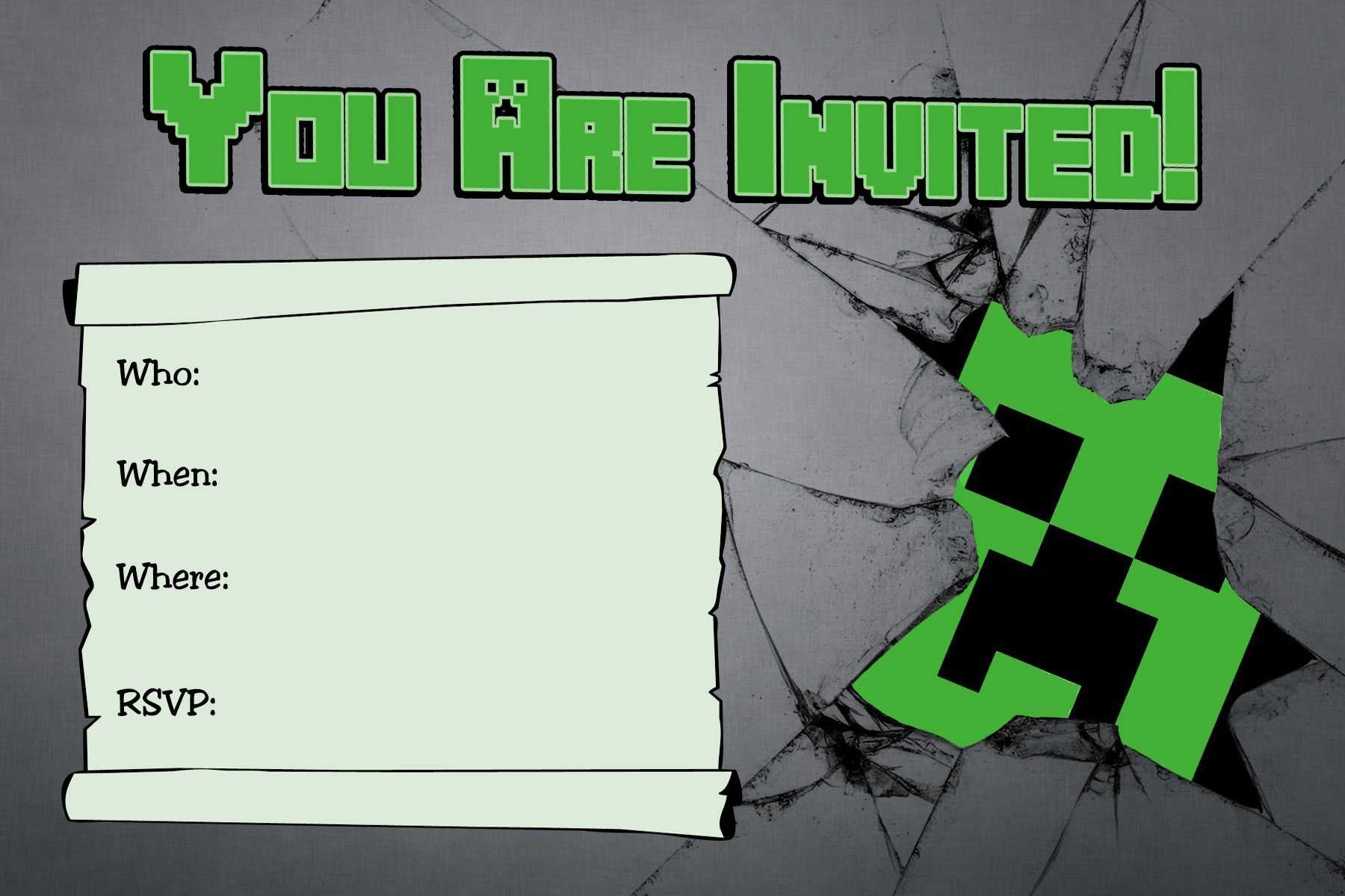 Free Minecraft Creeper Inspired Birthday Invitation Throughout Minecraft Birthday Card Template