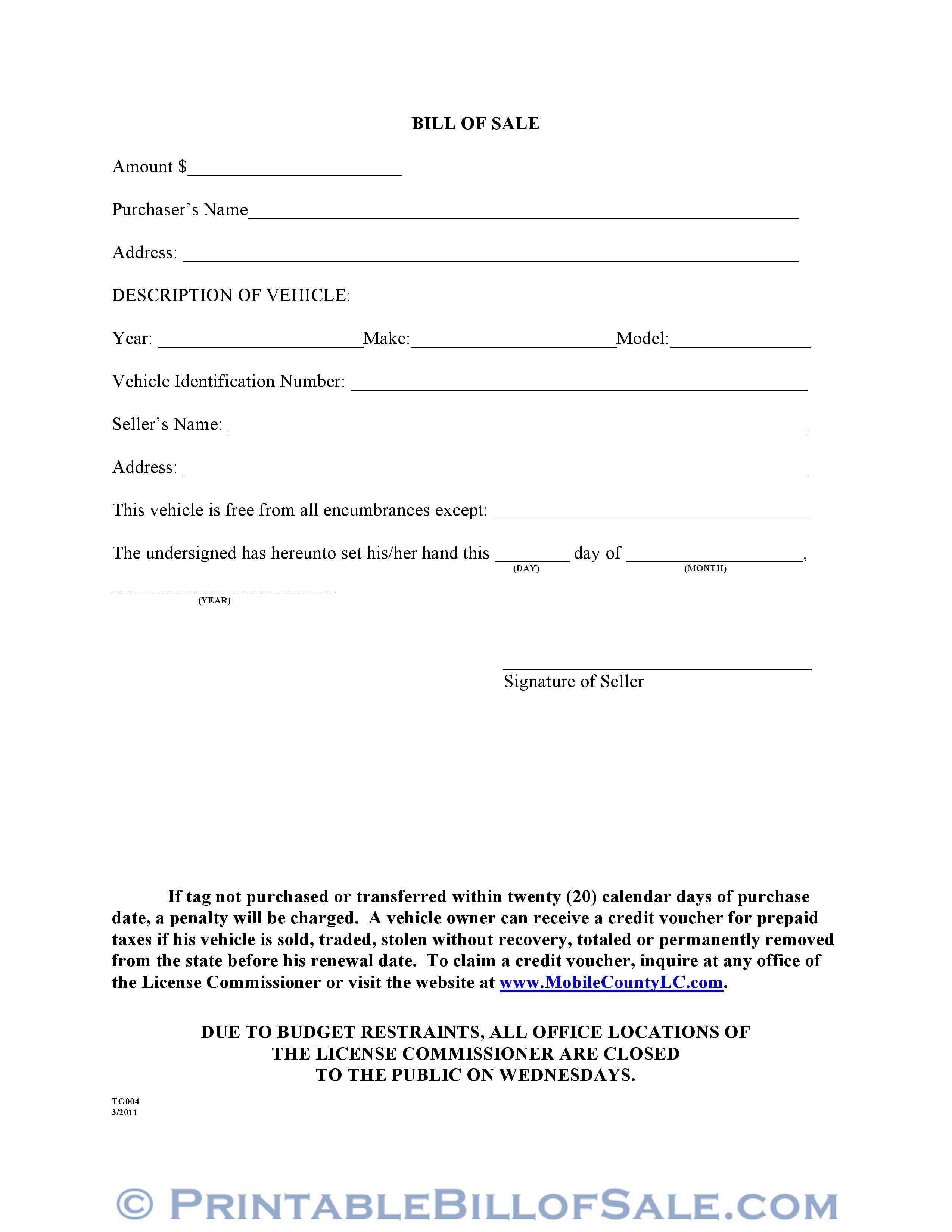 Free Mobile County Alabama Motor Vehicle Bill Of Sale Form In Car Bill Of Sale Word Template