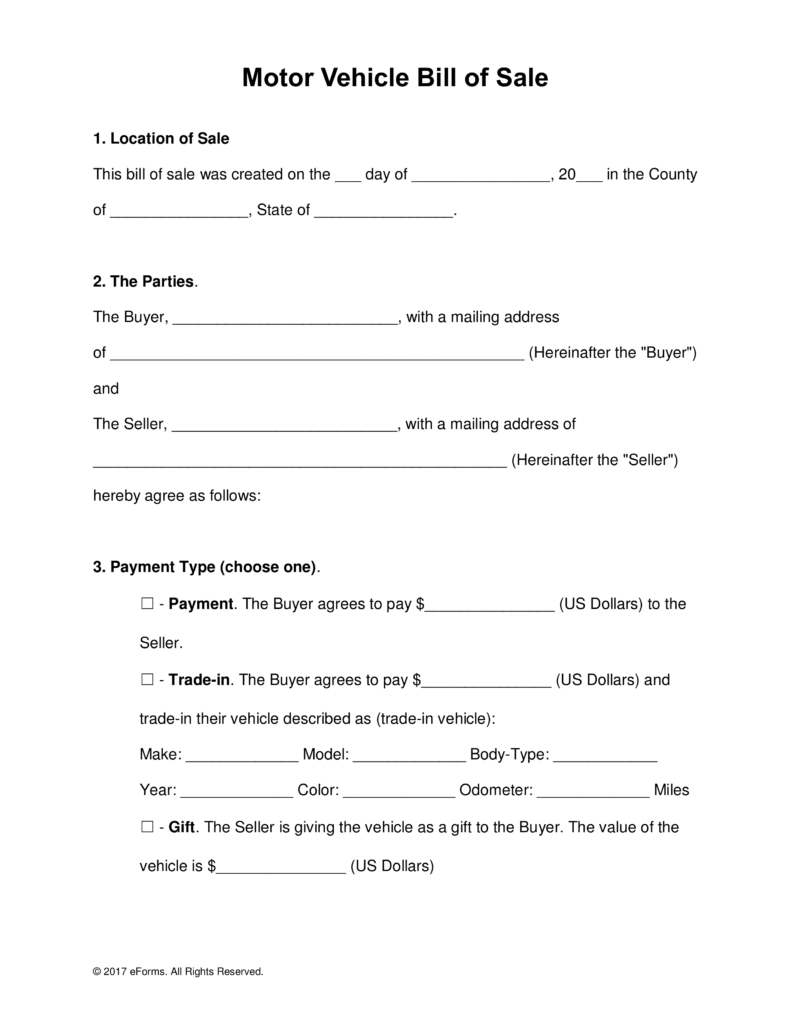 Free Motor Vehicle (Dmv) Bill Of Sale Form – Word | Pdf In Vehicle Bill Of Sale Template Word