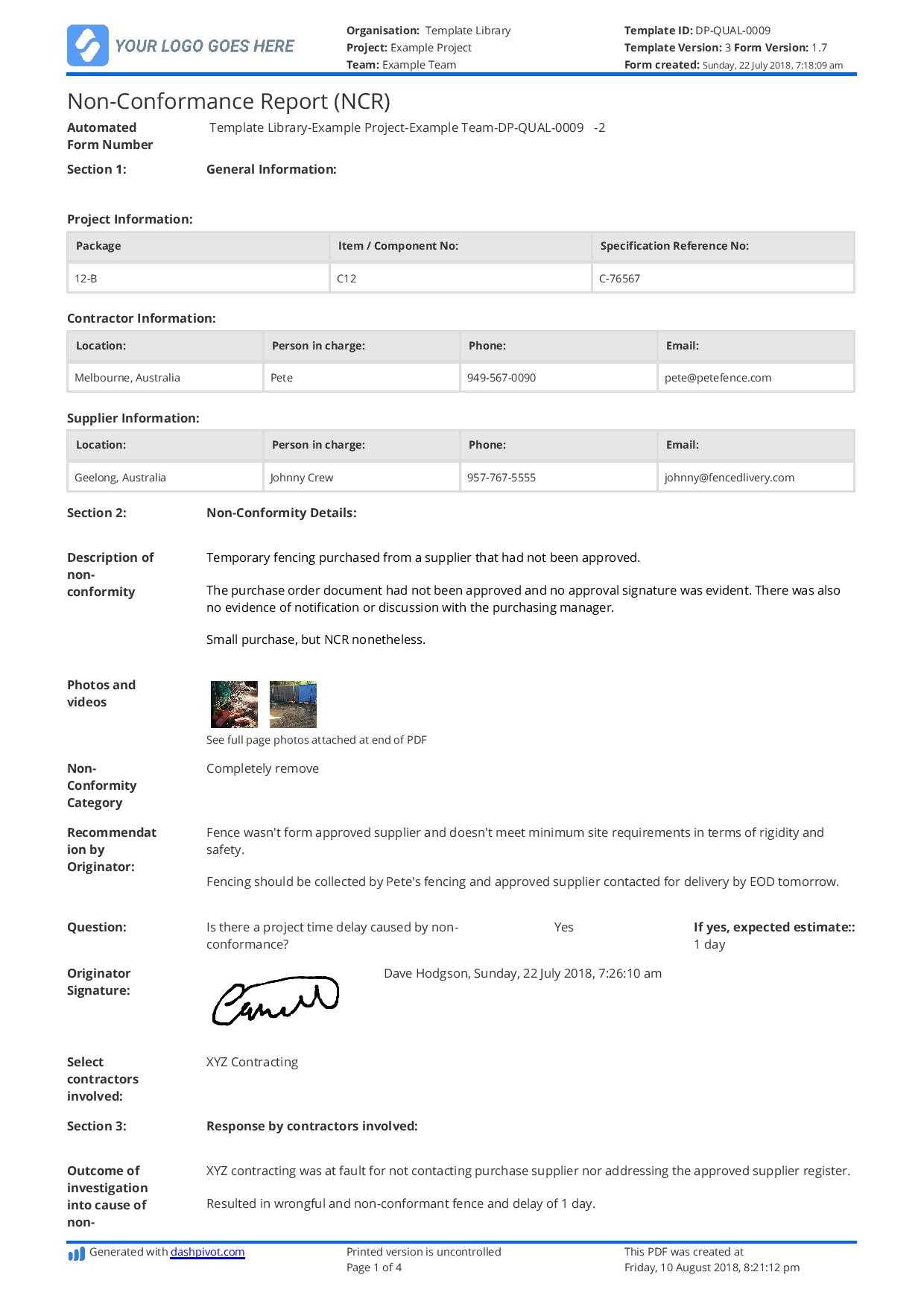 Free Non Conformance Report Template (Better Than Pdf And Pertaining To Non Conformance Report Form Template