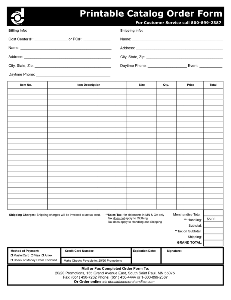 Free Order Forms Printable Catalog Order Form Projects in Order