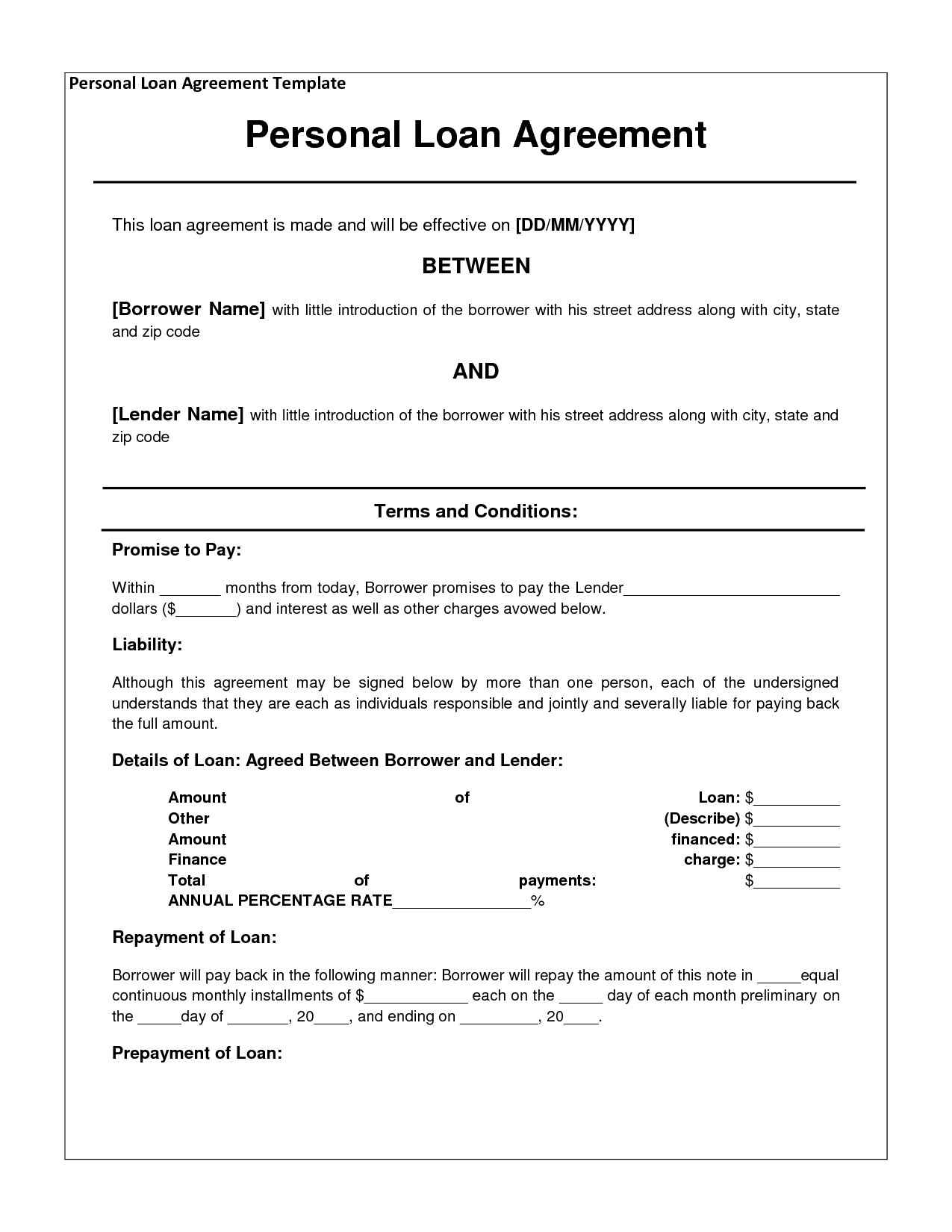 Free Personal Loan Agreement Form Template – $1000 Approved For Blank Loan Agreement Template