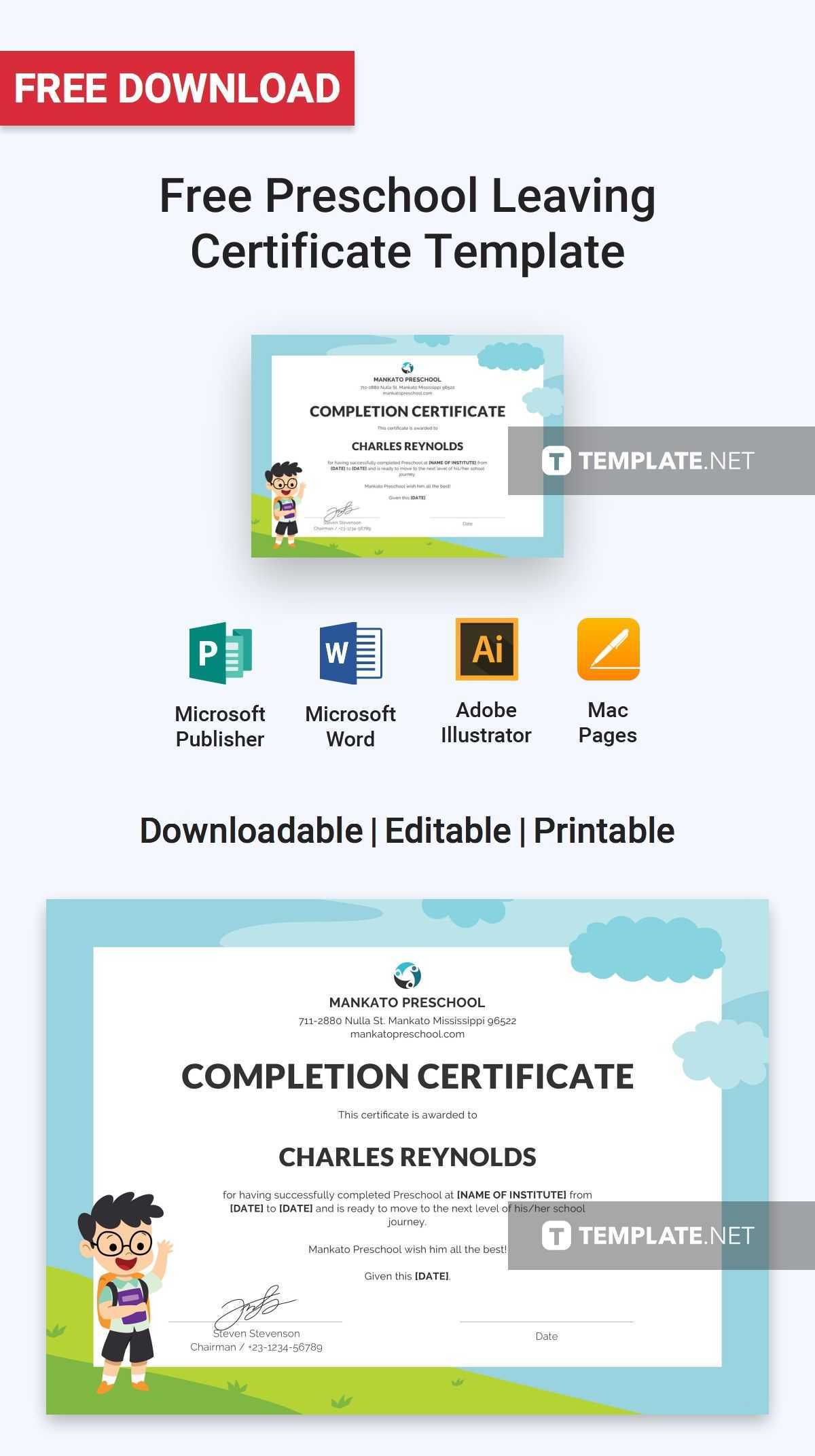 Free Preschool Leaving Certificate | Certificate Templates Intended For School Leaving Certificate Template