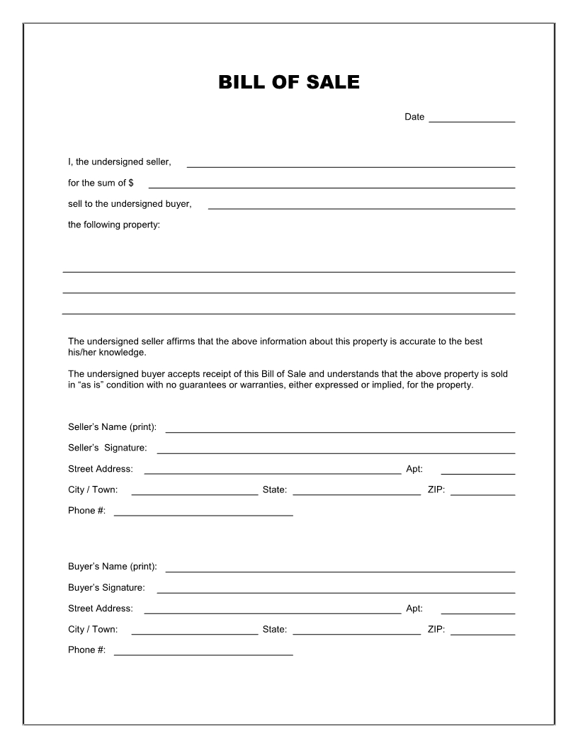 Free Printable Blank Bill Of Sale Form Template - As Is Bill Pertaining To Blank Legal Document Template