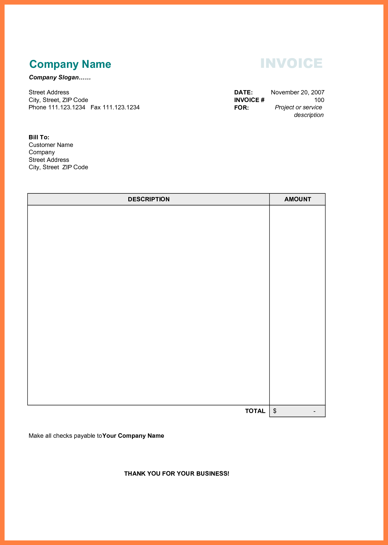 Free Printable Business Invoice Template – Invoice Format In With Free Printable Invoice Template Microsoft Word