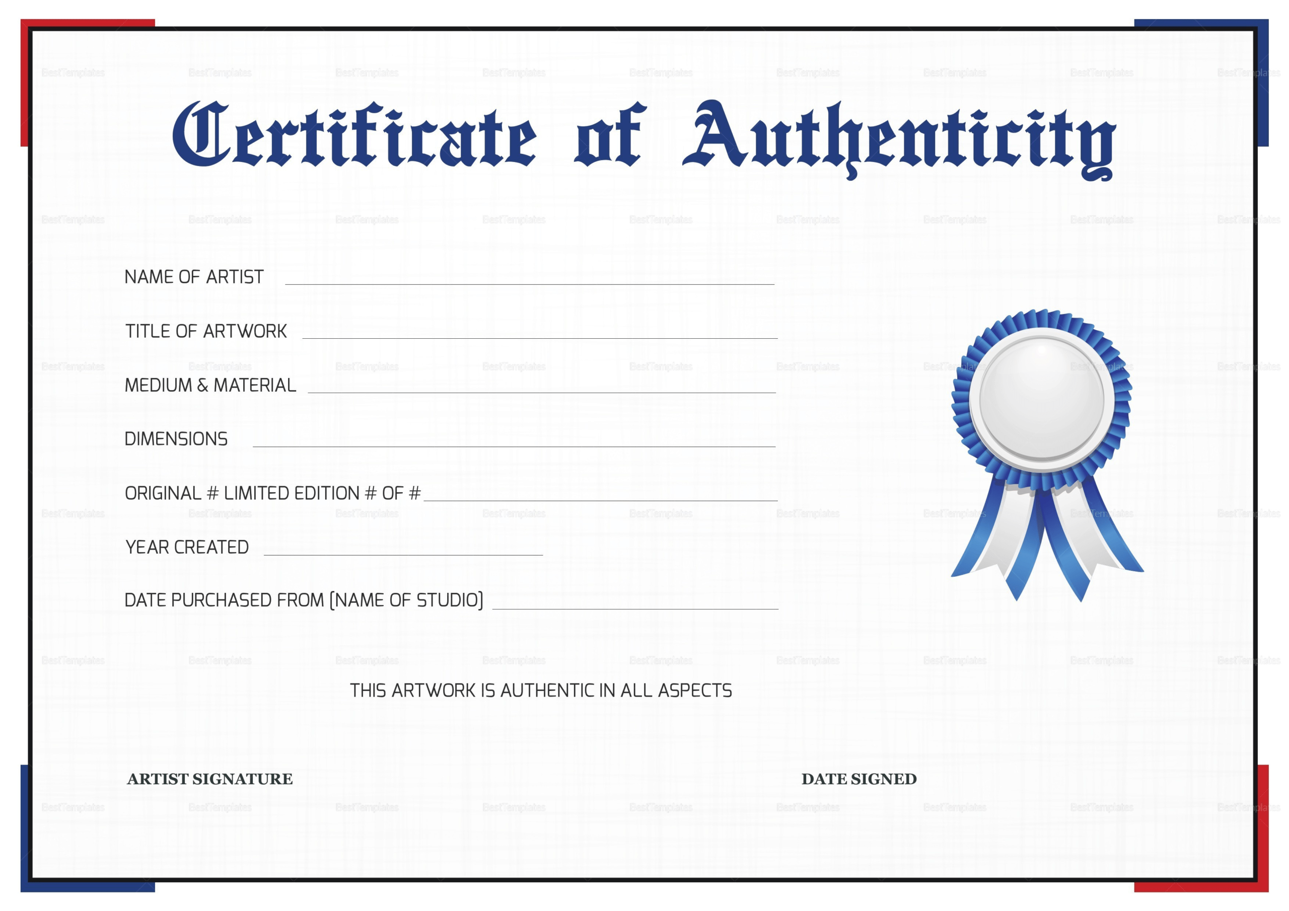 Free Printable Certificate Of Authenticity Templates | Mult Intended For Free Art Certificate Templates