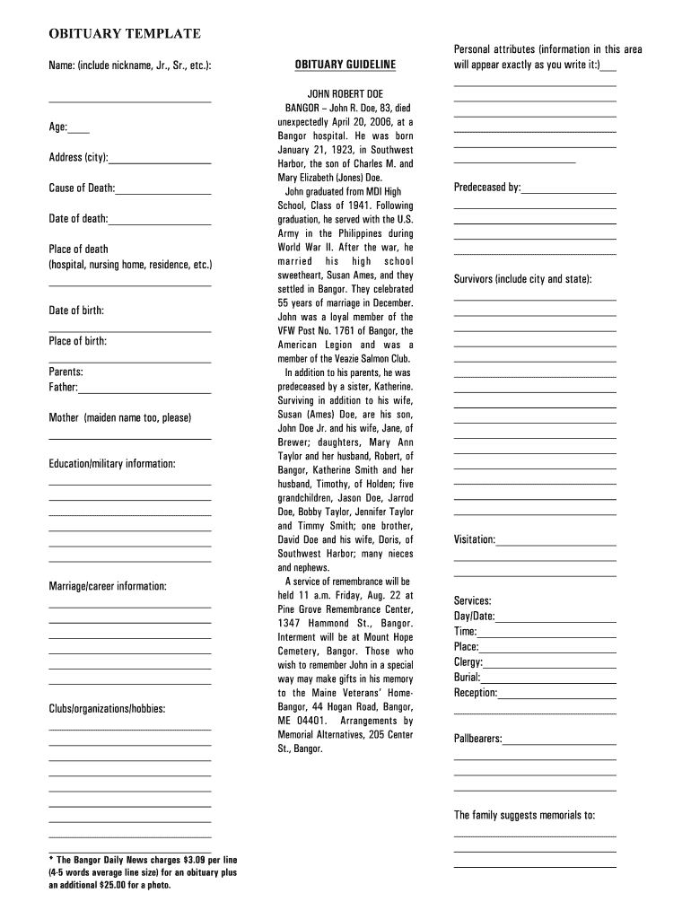 Free Printable Obituary Template – Fill Online, Printable Within Obituary Template Word Document