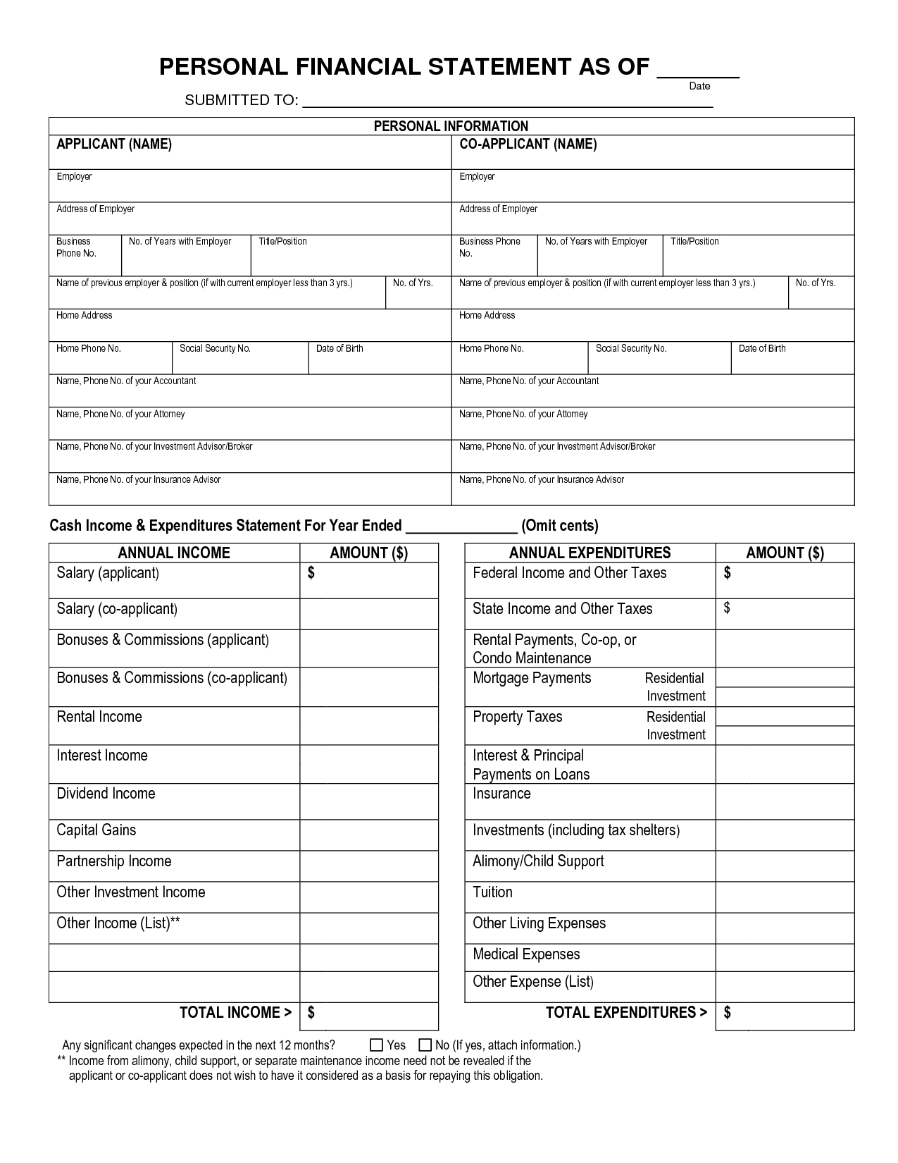 Free Printable Personal Financial Statement | Blank Personal Regarding Blank Personal Financial Statement Template