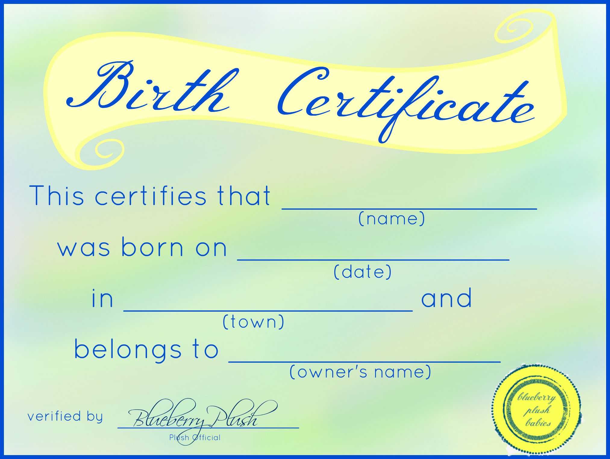 Free Printable Stuffed Animal Birth Certificates – Blueberry Pertaining To Birth Certificate Fake Template