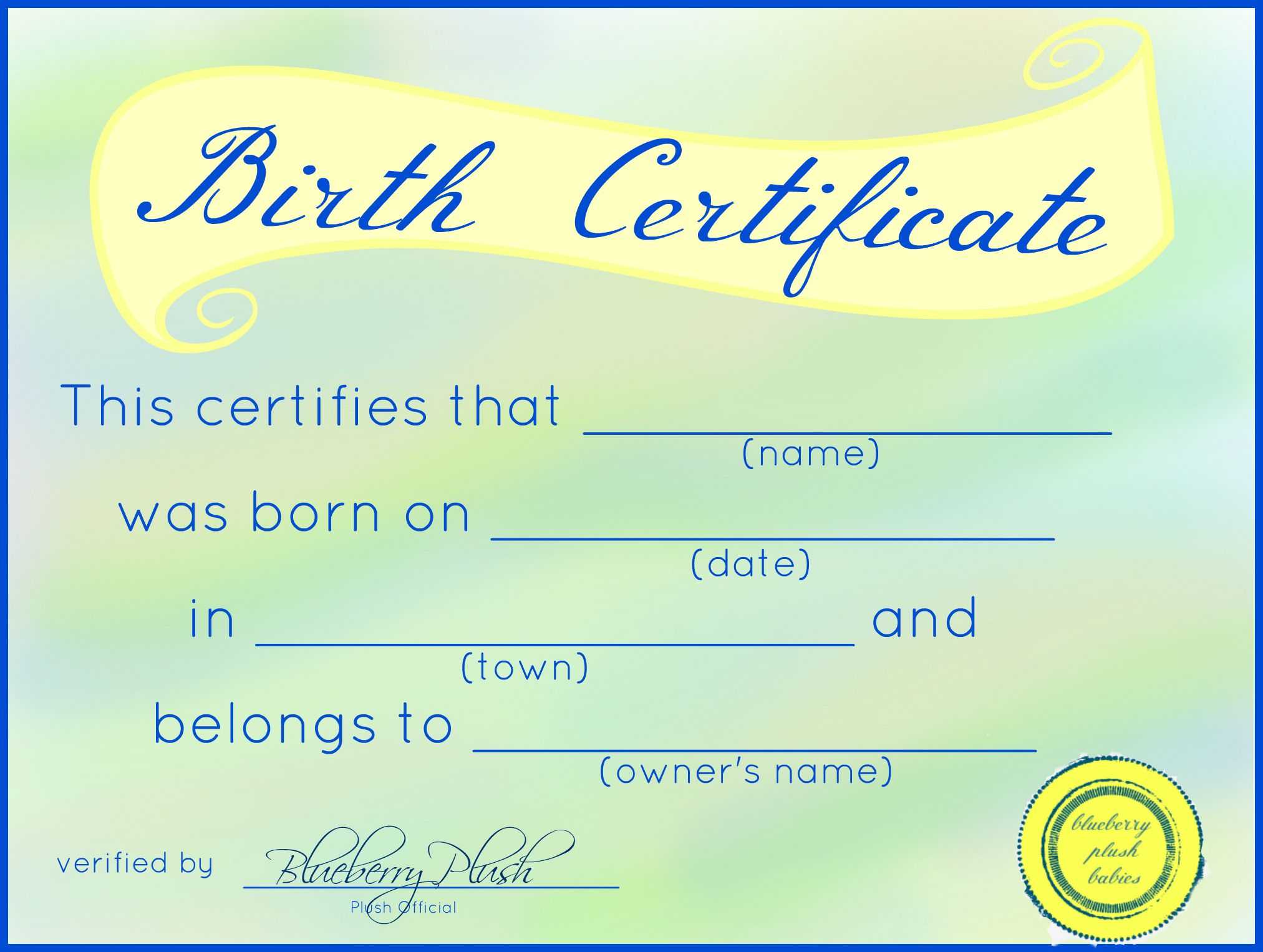 Free Printable Stuffed Animal Birth Certificates – Blueberry Pertaining To Build A Bear Birth Certificate Template
