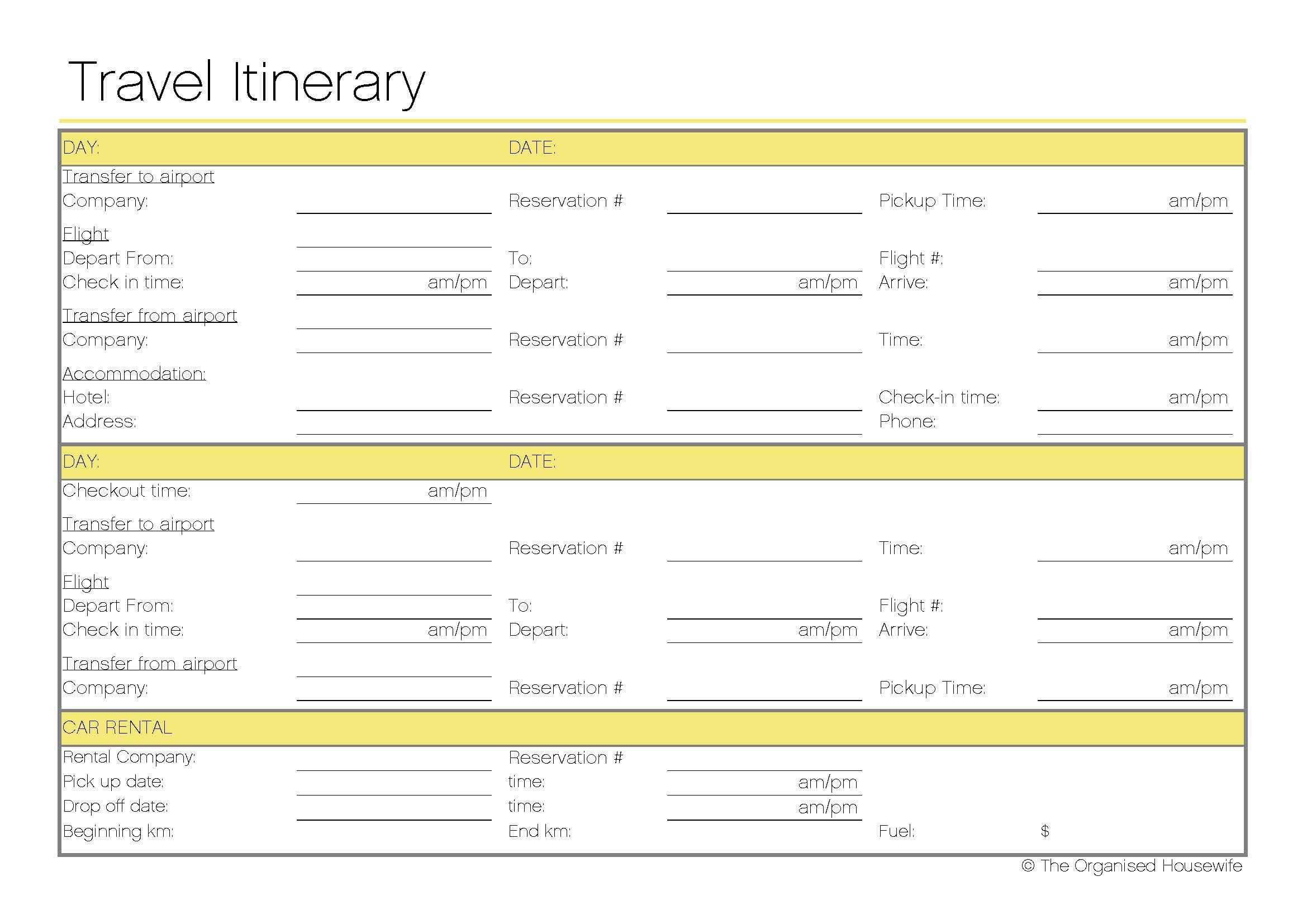 Free Printable – Travel Itinerary | Travel Itinerary With Blank Trip Itinerary Template