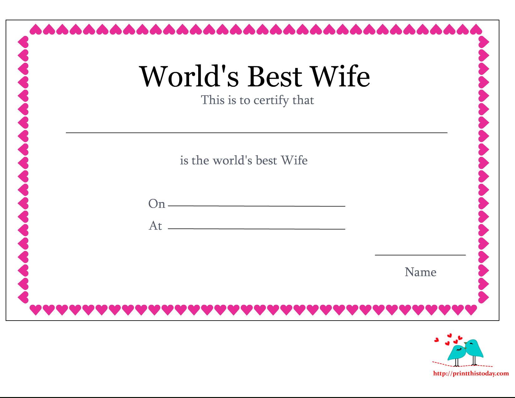 Free Printable World's Best Wife Certificates With Regard To Love Certificate Templates