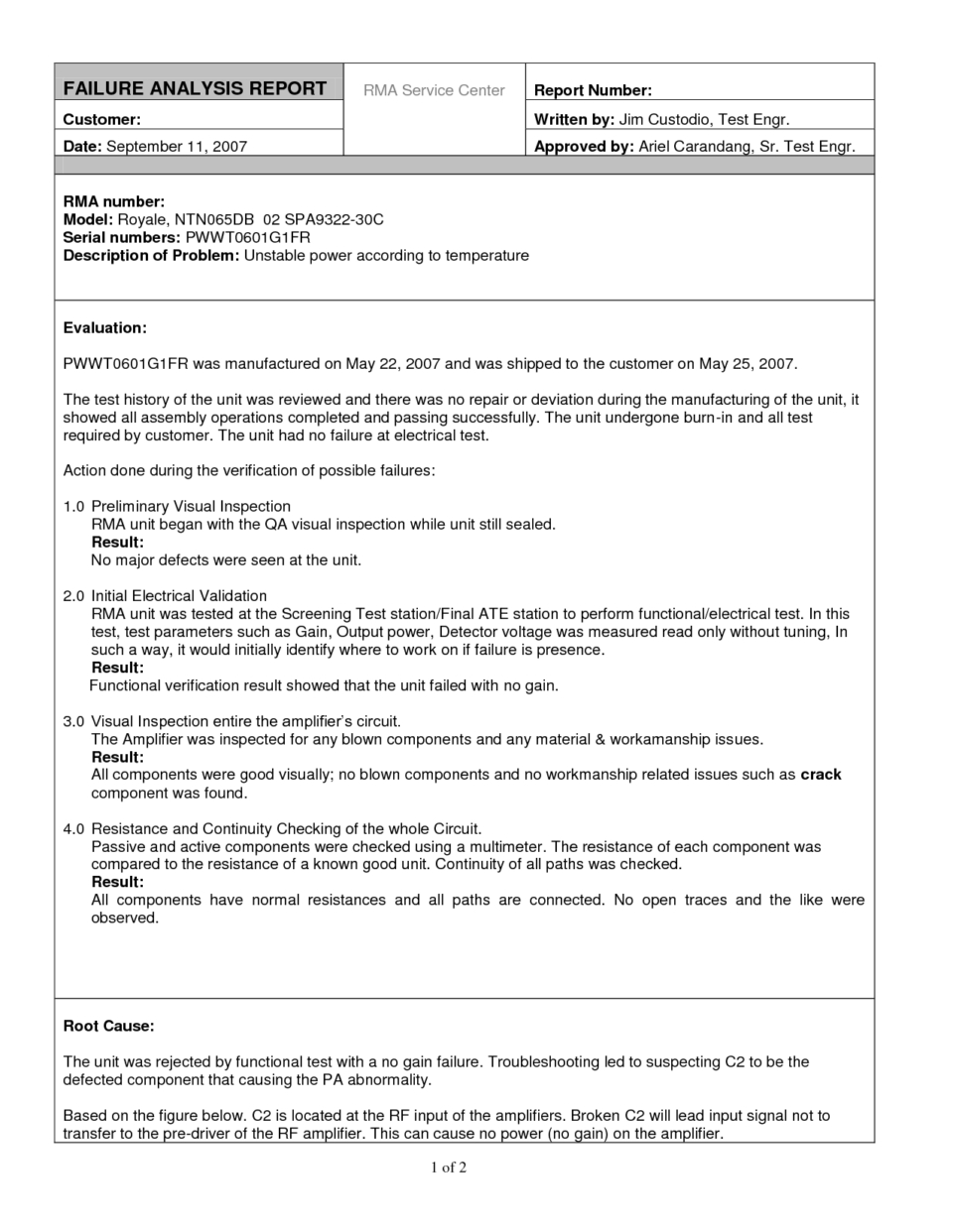 Free Product Failure Analysis Report Example With Evaluation Within Failure Analysis Report Template