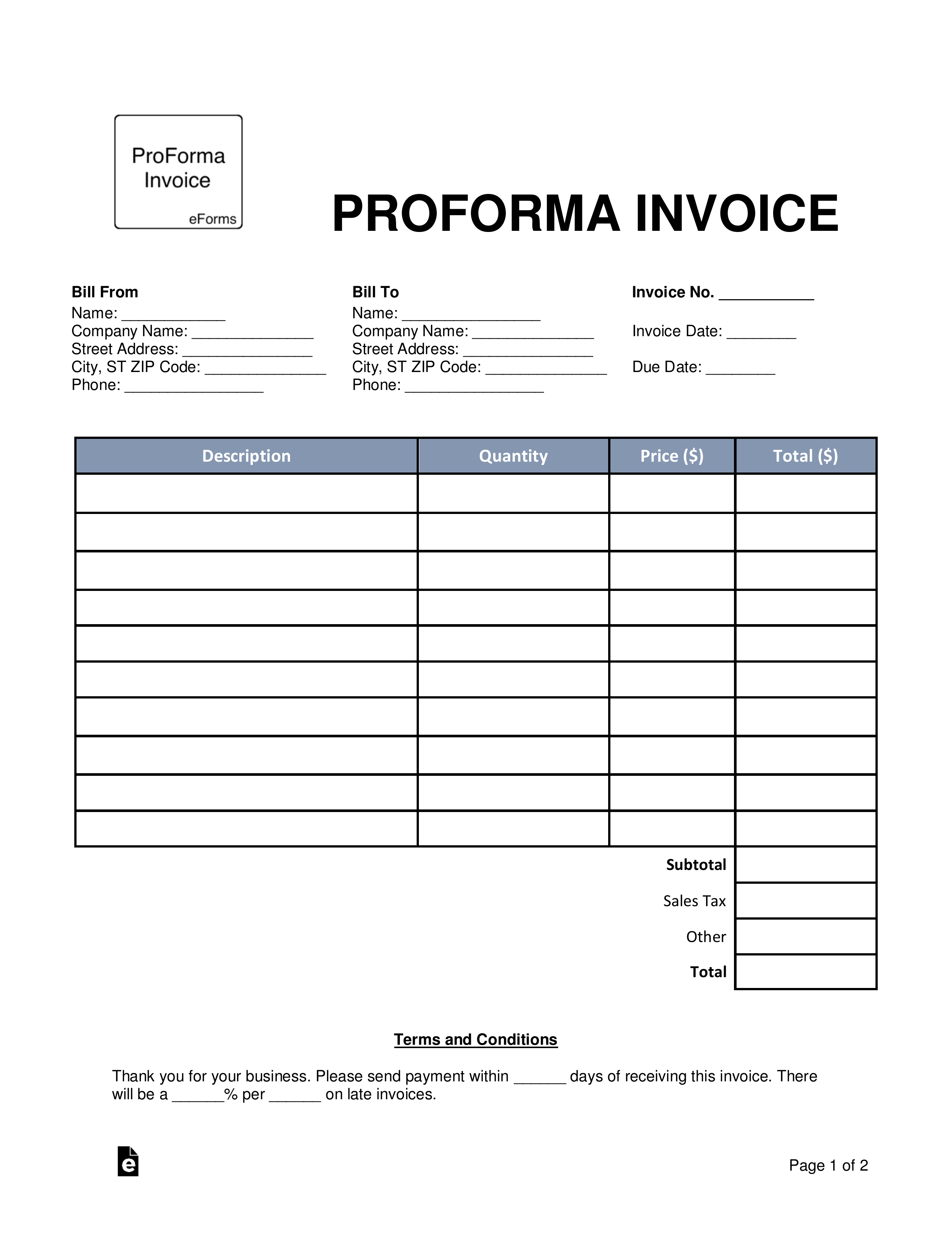 Free Proforma Invoice Template - Word | Pdf | Eforms – Free Intended For Free Proforma Invoice Template Word