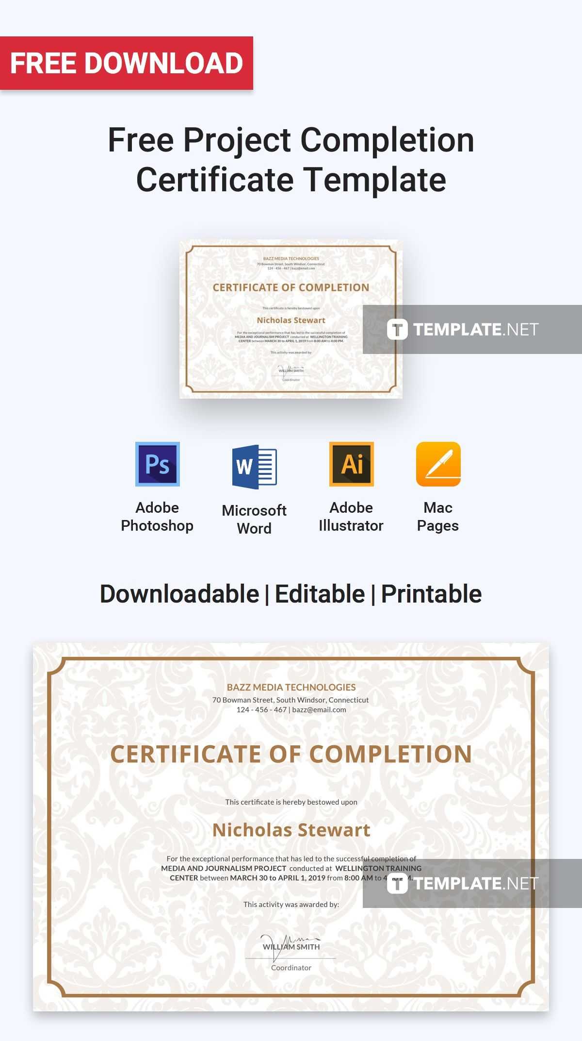 Free Project Completion Certificate | Certificate Templates With Regard To Certificate Template For Project Completion