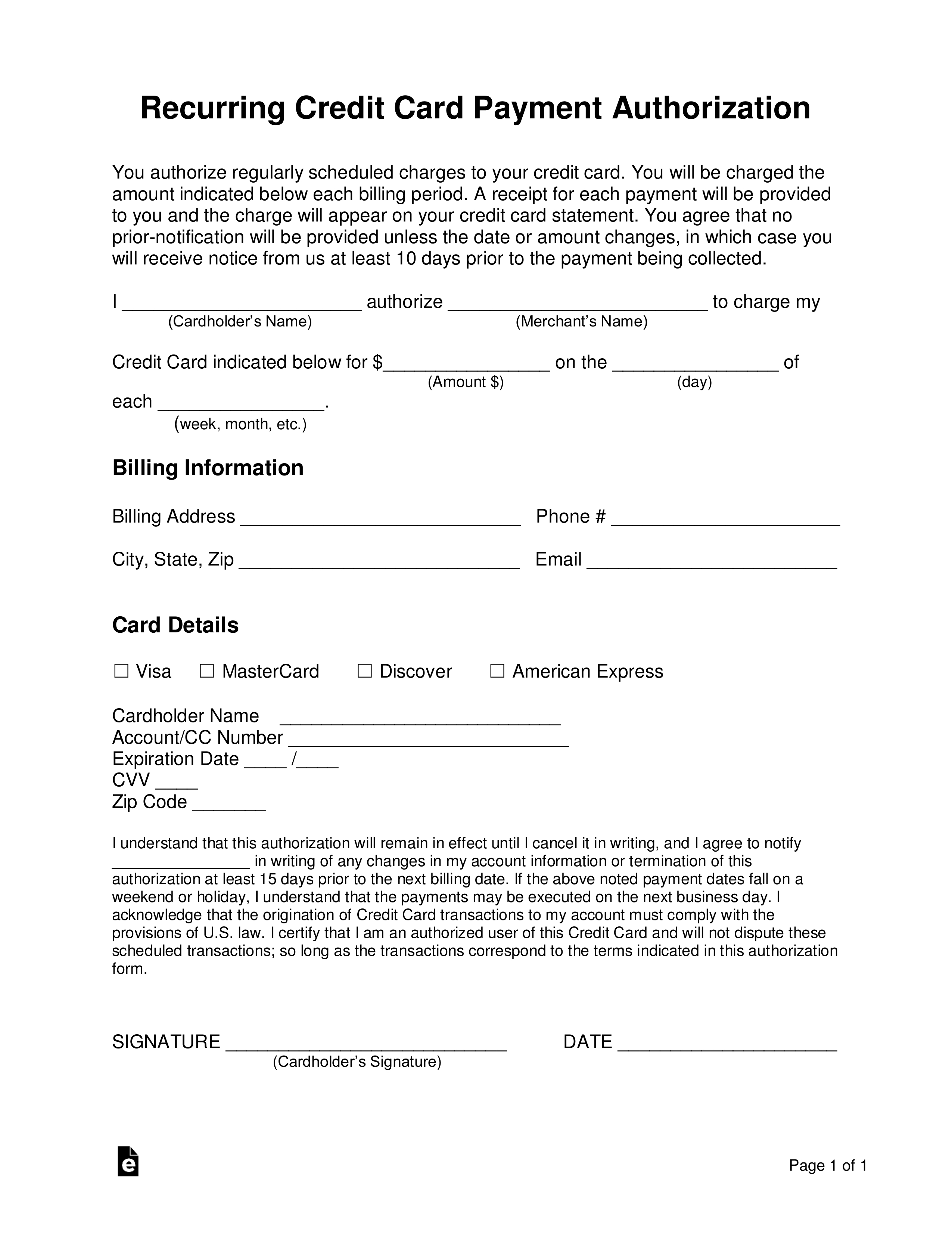 Free Recurring Credit Card Authorization Form – Word | Pdf With Credit Card Billing Authorization Form Template