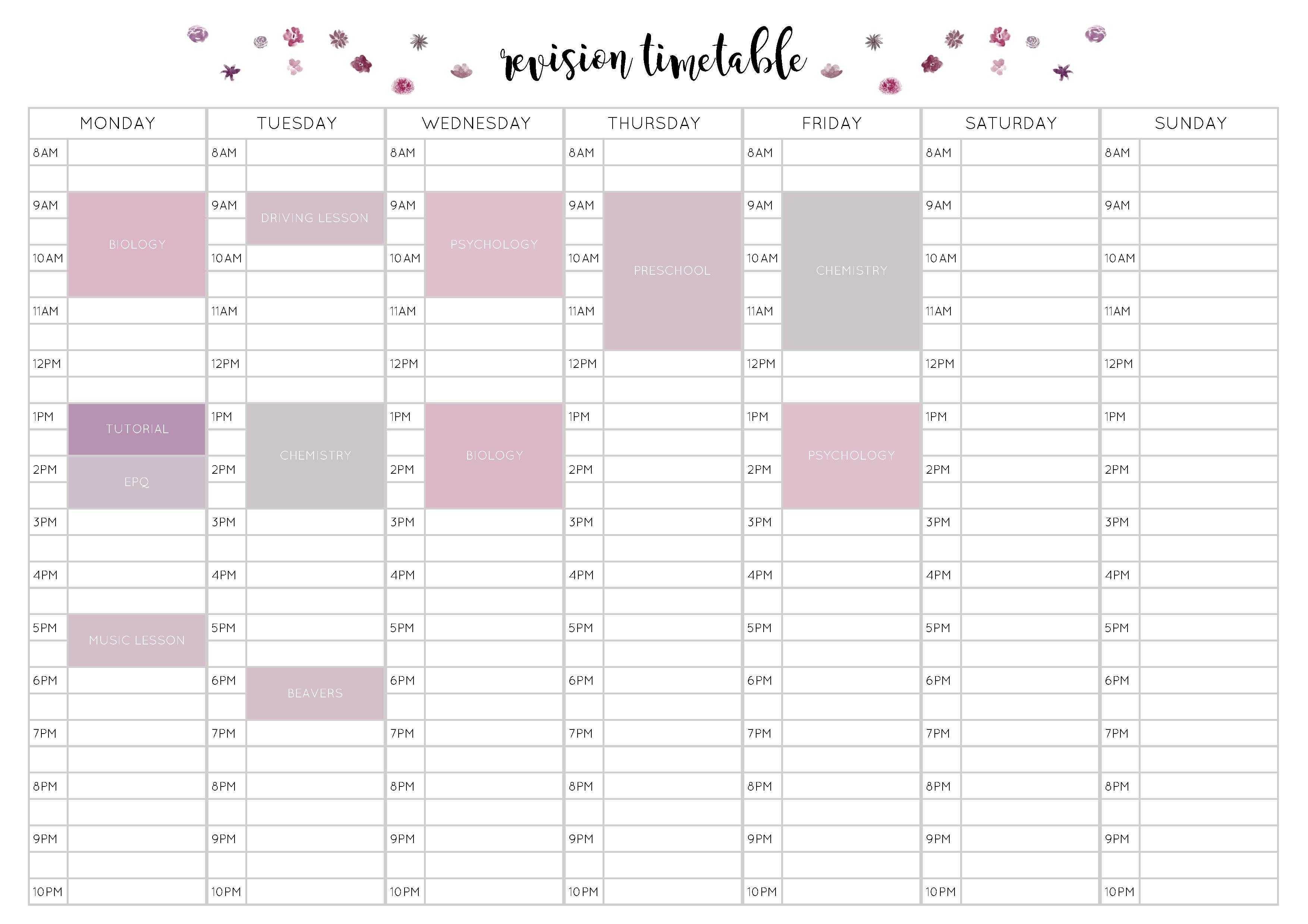 Free Revision Timetable Printable – Emily Studies With Regard To Blank Revision Timetable Template